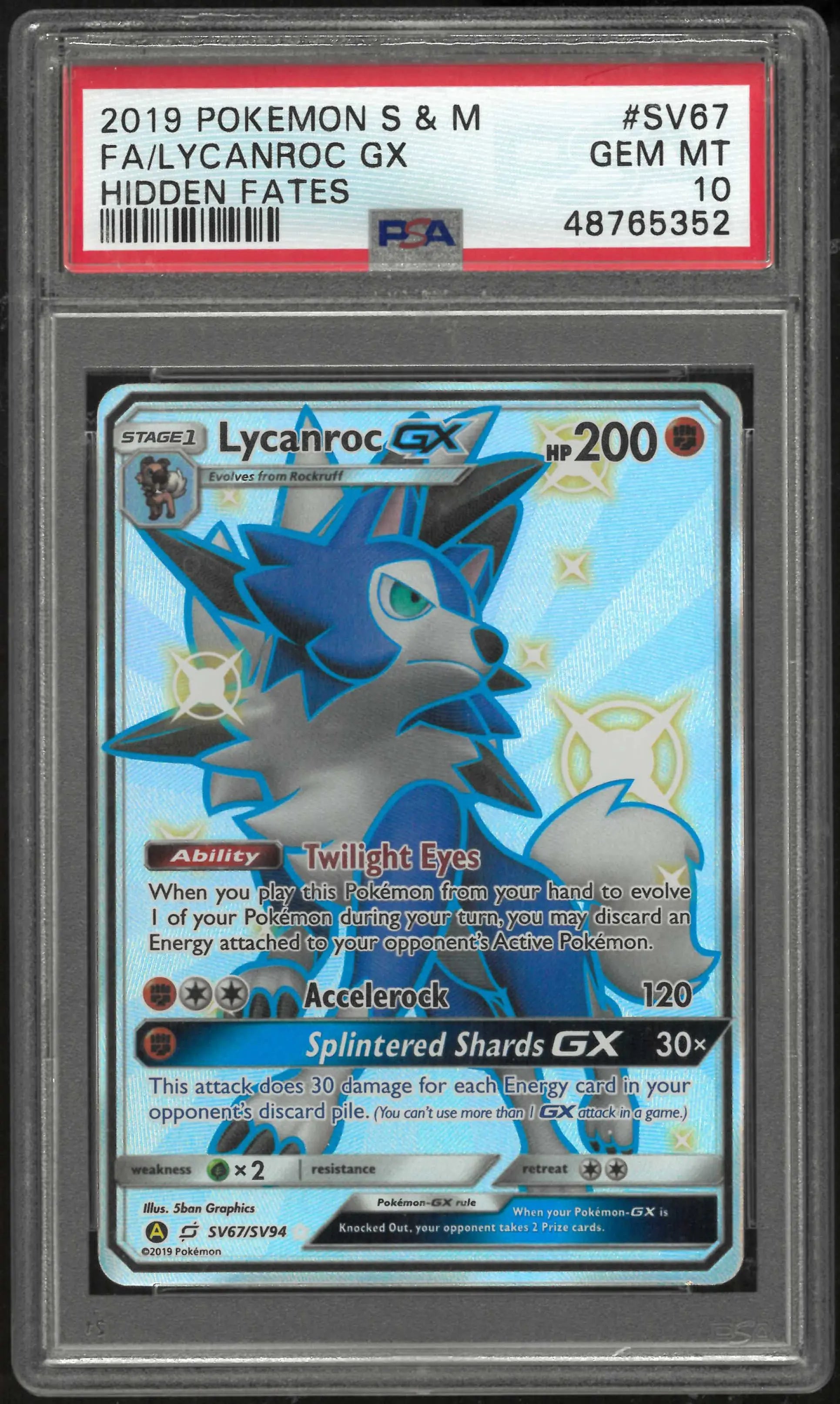 2019 Pokemon Sun & Moon Hidden Fates SV67/SV94 Lycanroc Gx PSA 10 