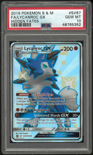 2019 Pokemon Sun & Moon Hidden Fates SV67/SV94 Lycanroc Gx PSA 10 