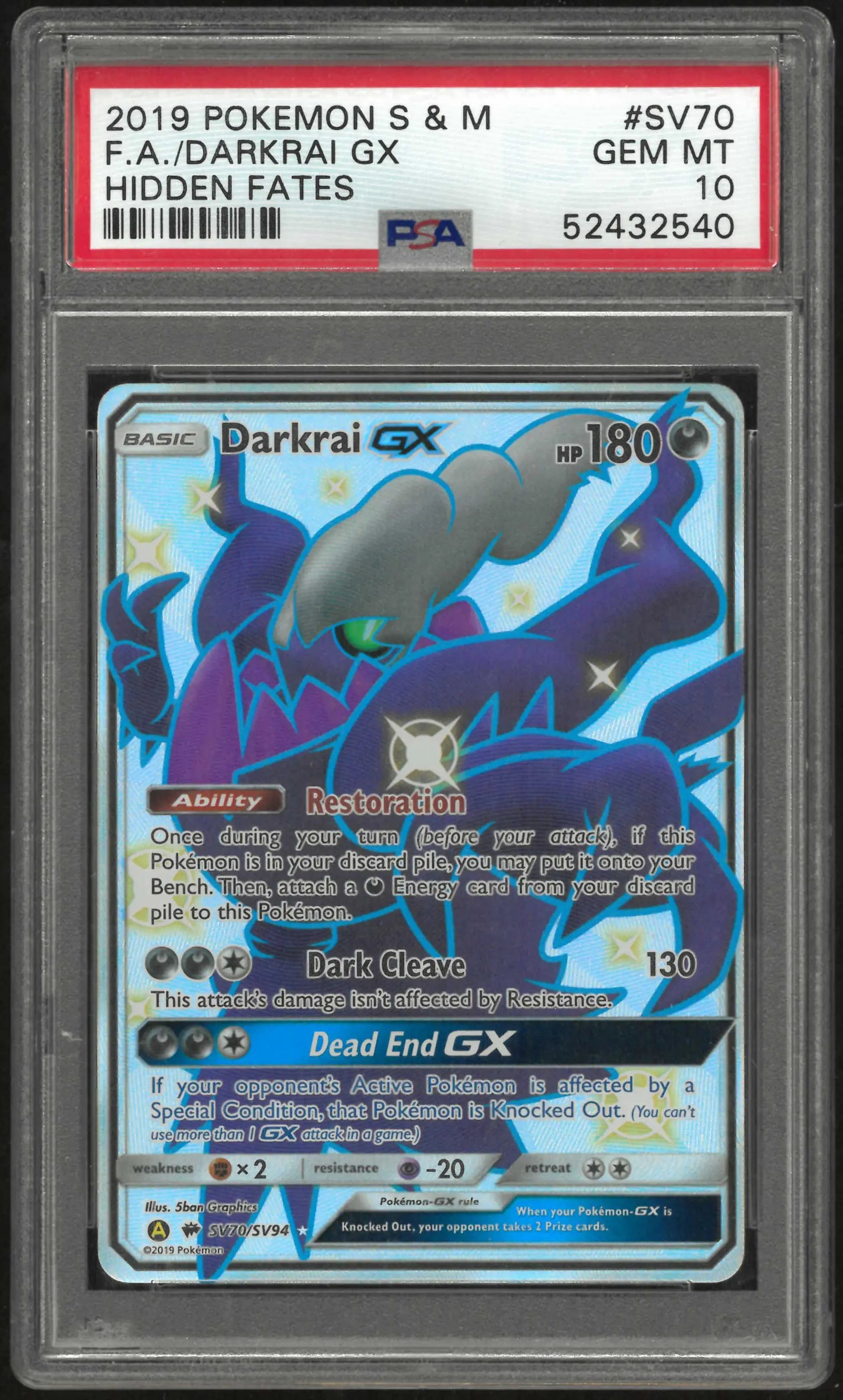 2019 Pokemon Sun & Moon Hidden Fates SV70/SV94 Darkrai Gx PSA 10 