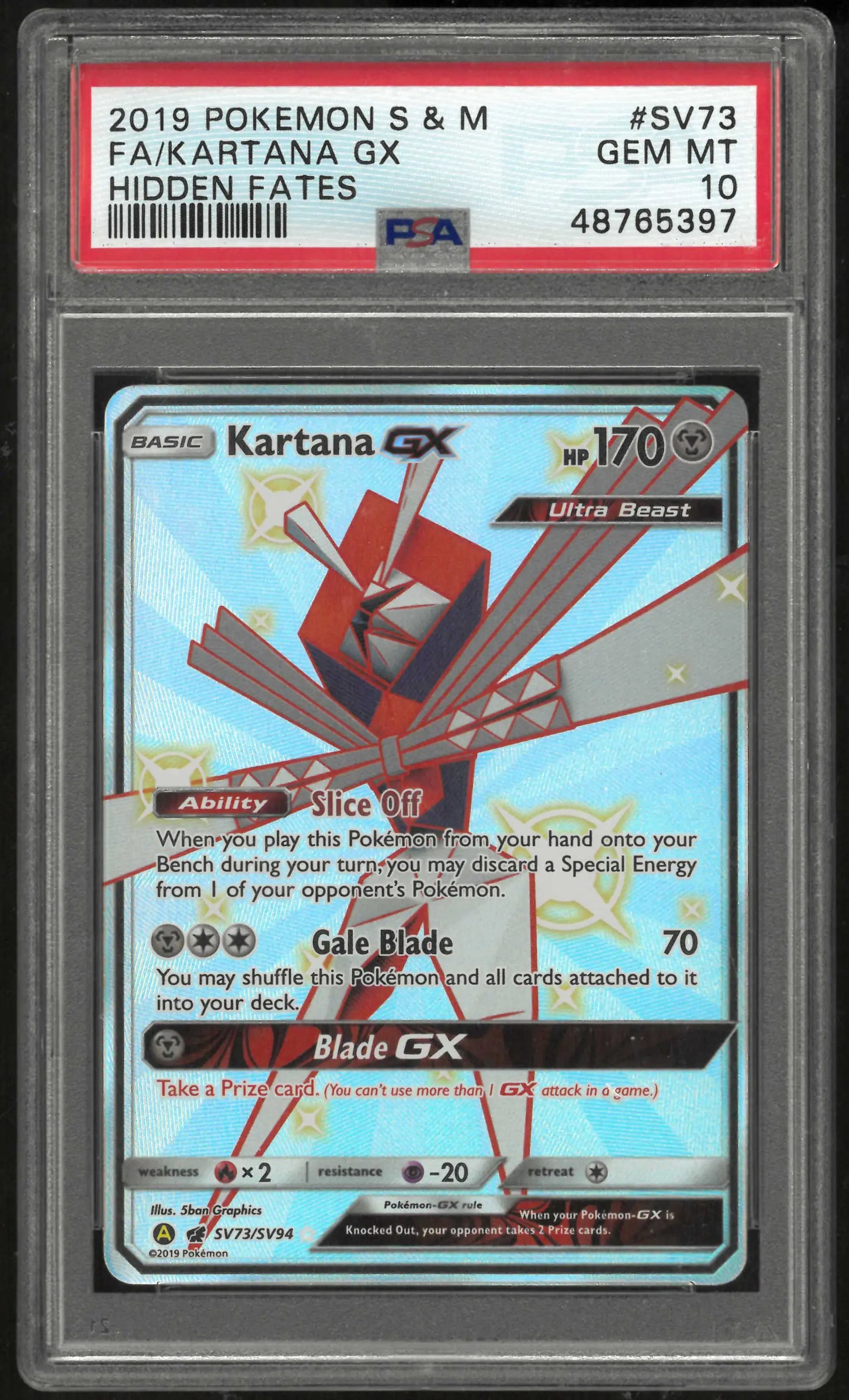 2019 Pokemon Sun & Moon Hidden Fates SV73/SV94 Kartana Gx PSA 10 