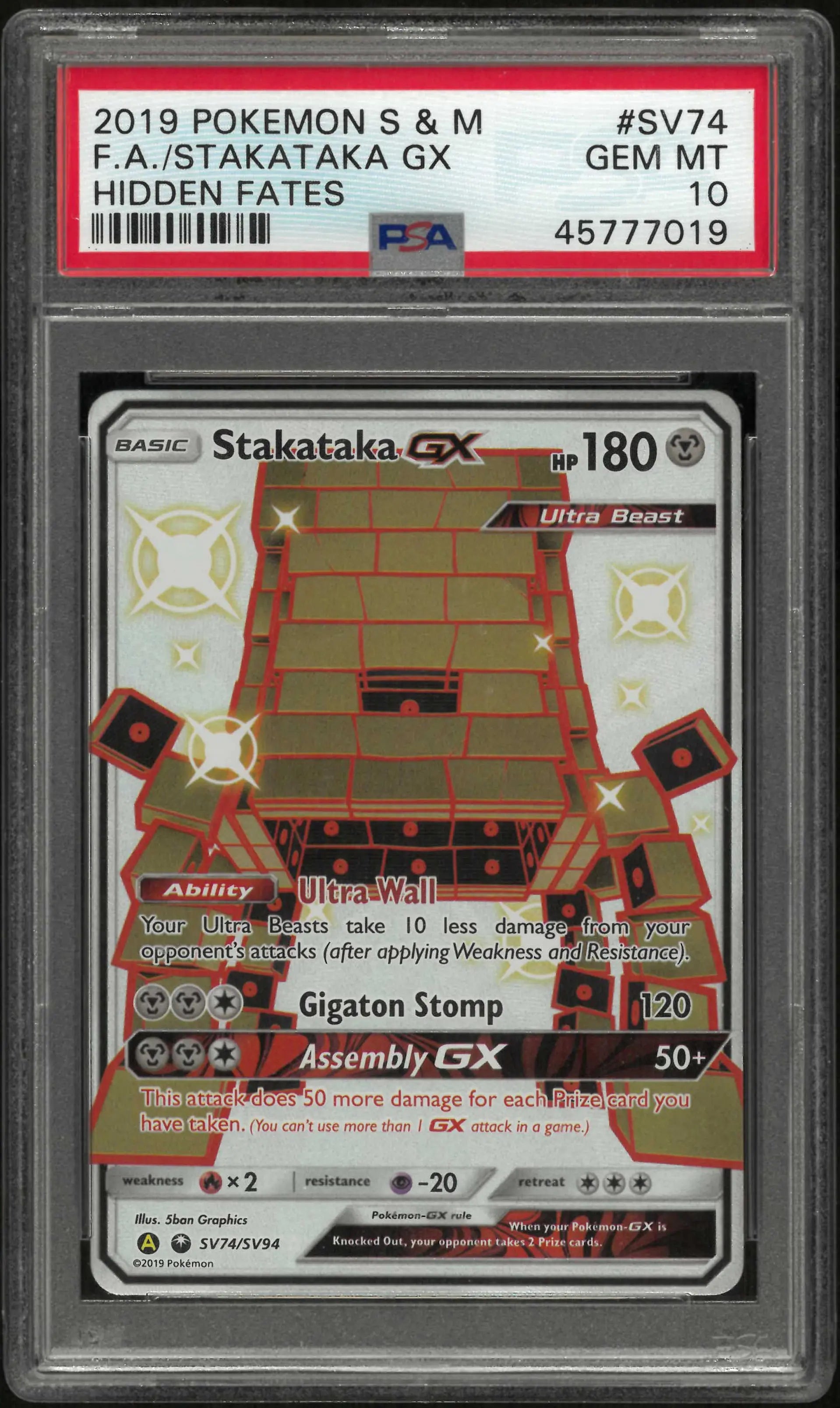 2019 Pokemon Sun & Moon Hidden Fates SV74/SV94 Stakataka Gx PSA 10 