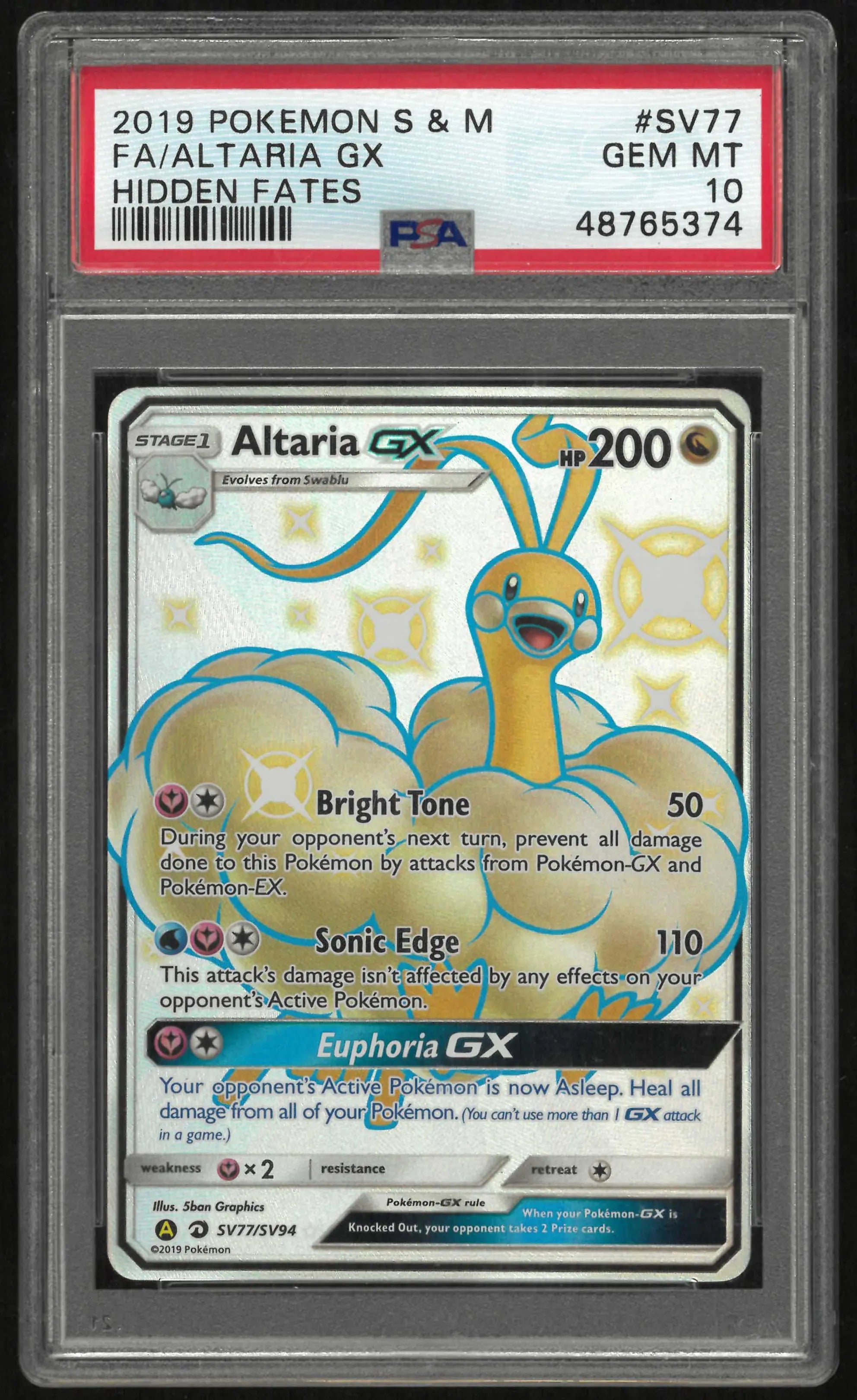 2019 Pokemon Sun & Moon Hidden Fates SV77/SV94 Altaria Gx PSA 10 