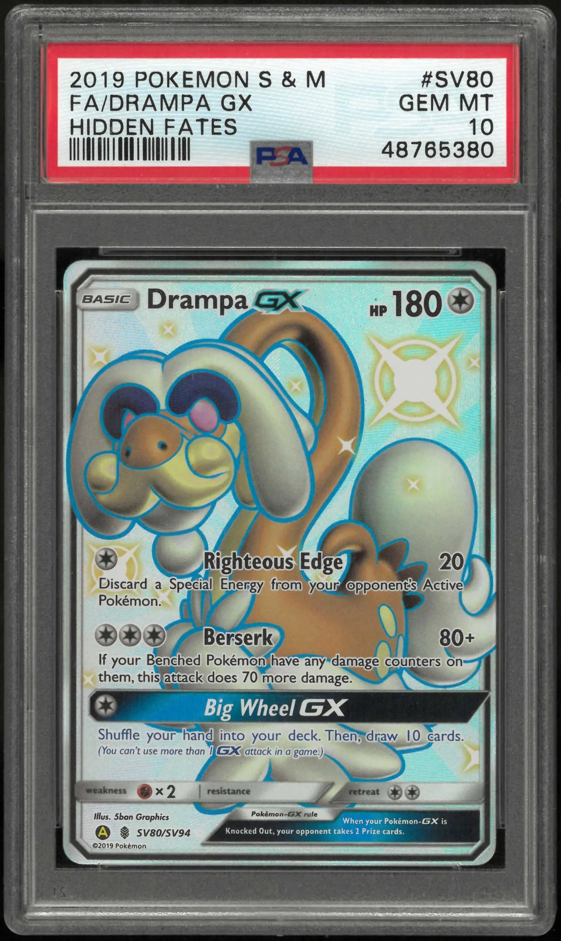 2019 Pokemon Sun & Moon Hidden Fates SV80/SV94 Drampa Gx PSA 10 