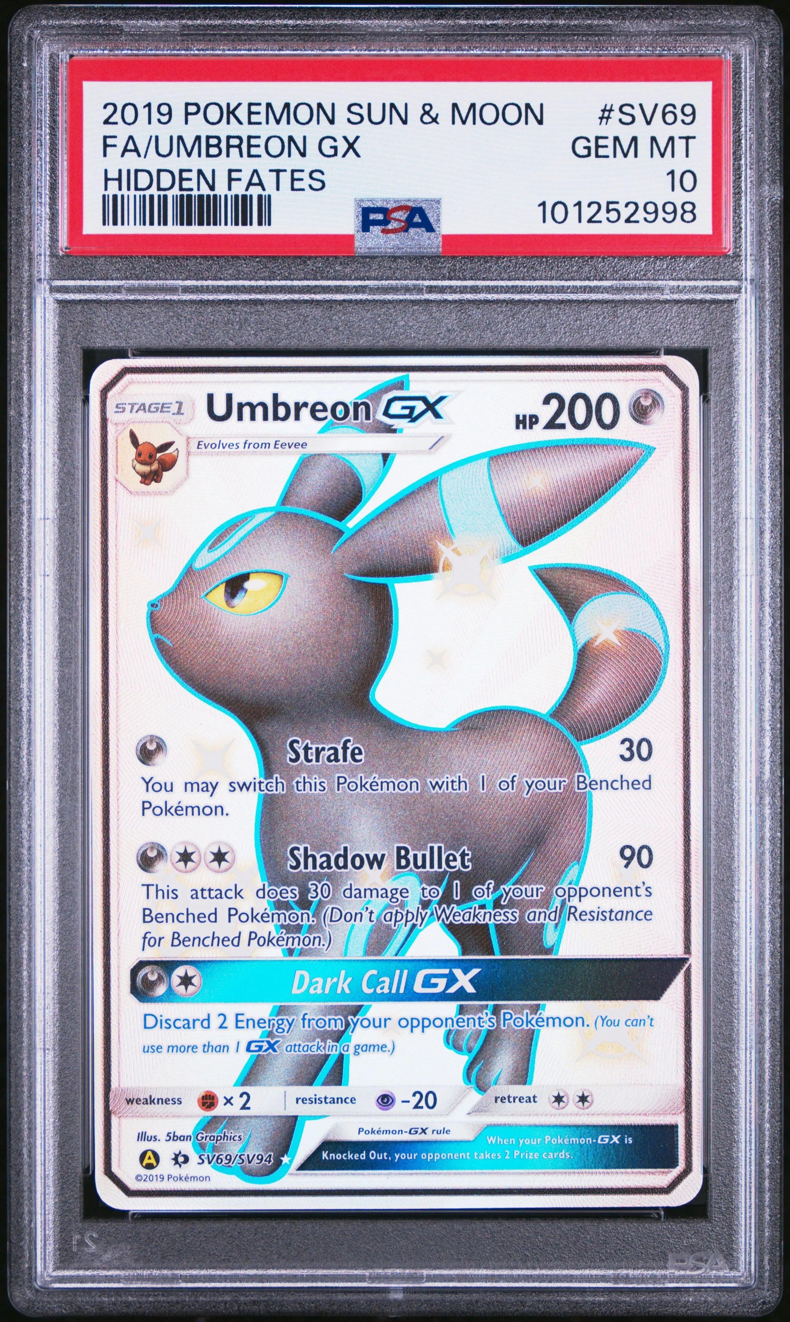 2019 Pokemon Sun & Moon Hidden Fates Umbreon GX Full Art PSA 10 #SV69 