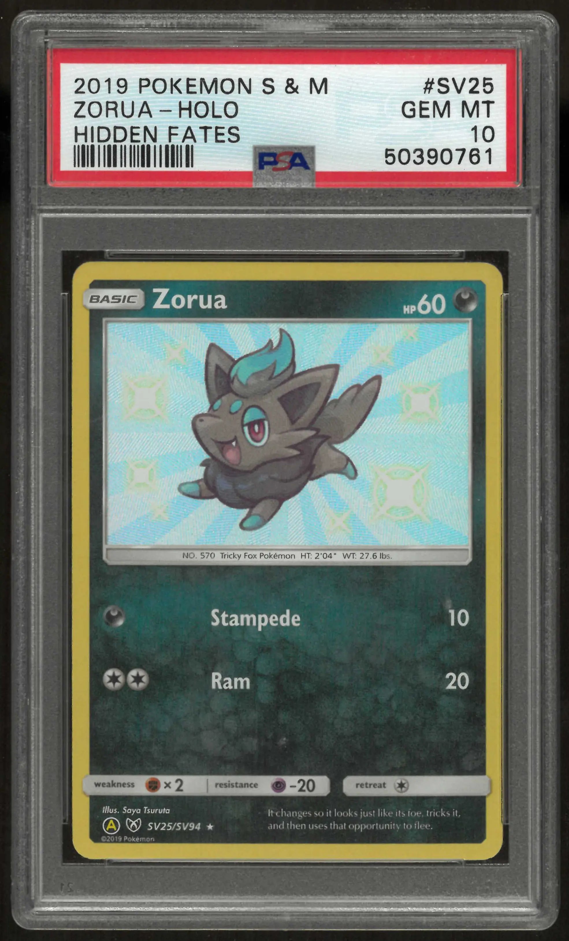2019 Pokemon Sun & Moon Hidden Fates #SV25 Zorua-Holo PSA 10 