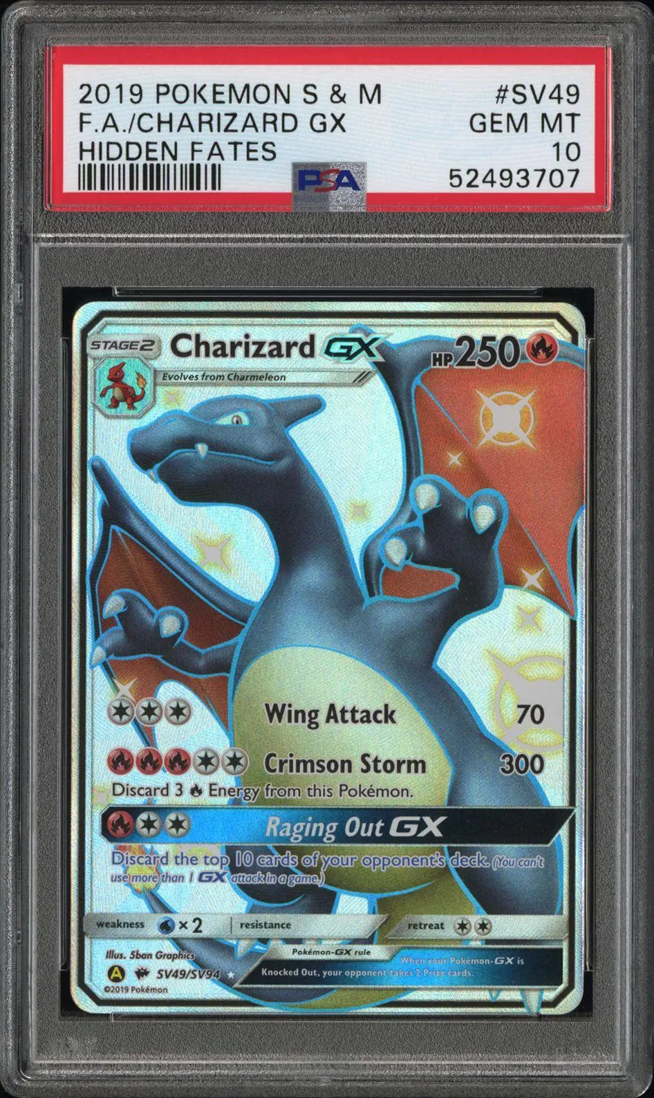 2019 Pokemon Sun & Moon Hidden Fates #SV49/SV94 Charizard Gx PSA 10 