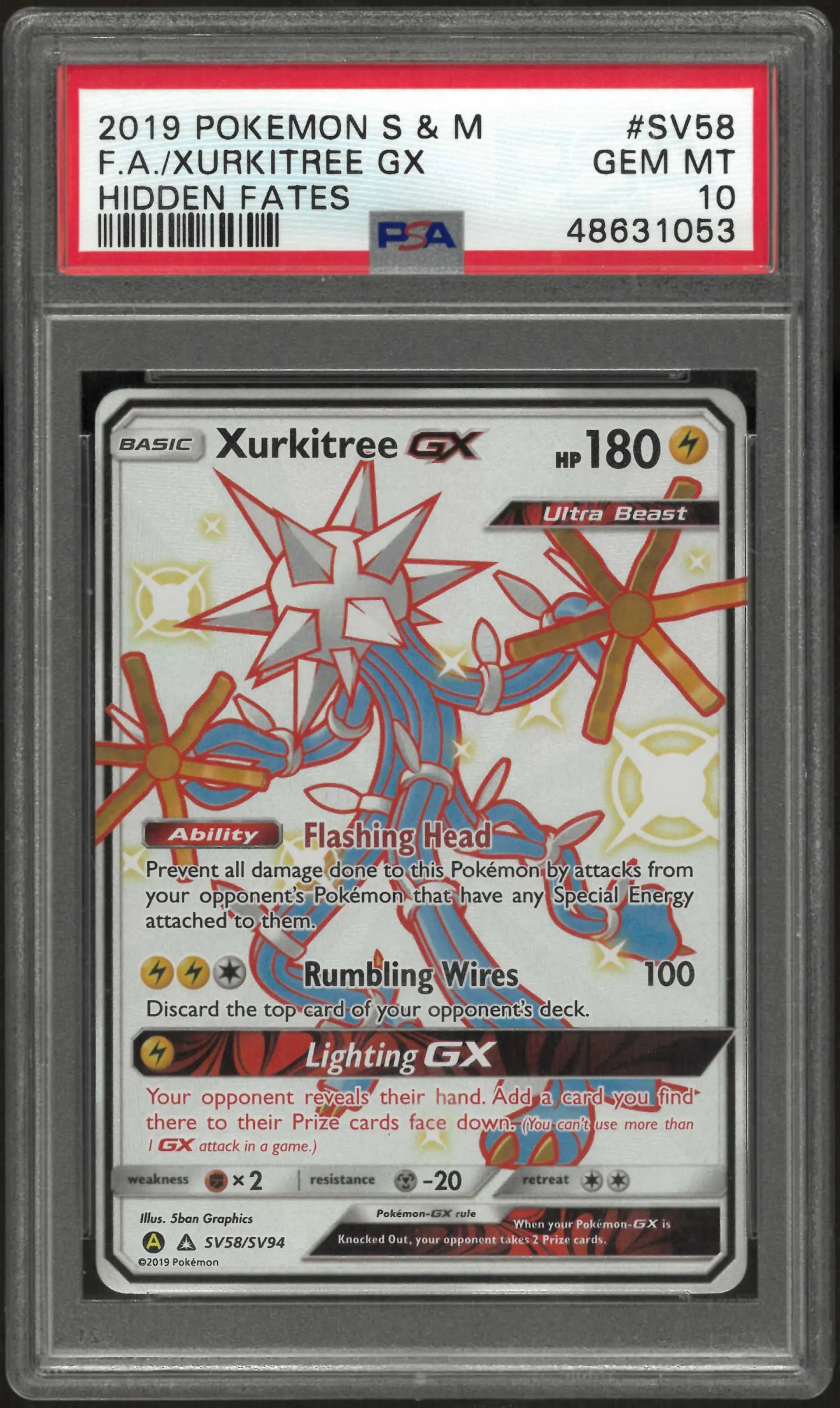 2019 Pokemon Sun & Moon Hidden Fates #SV58 Fa Xurkitree Gx  PSA 10 