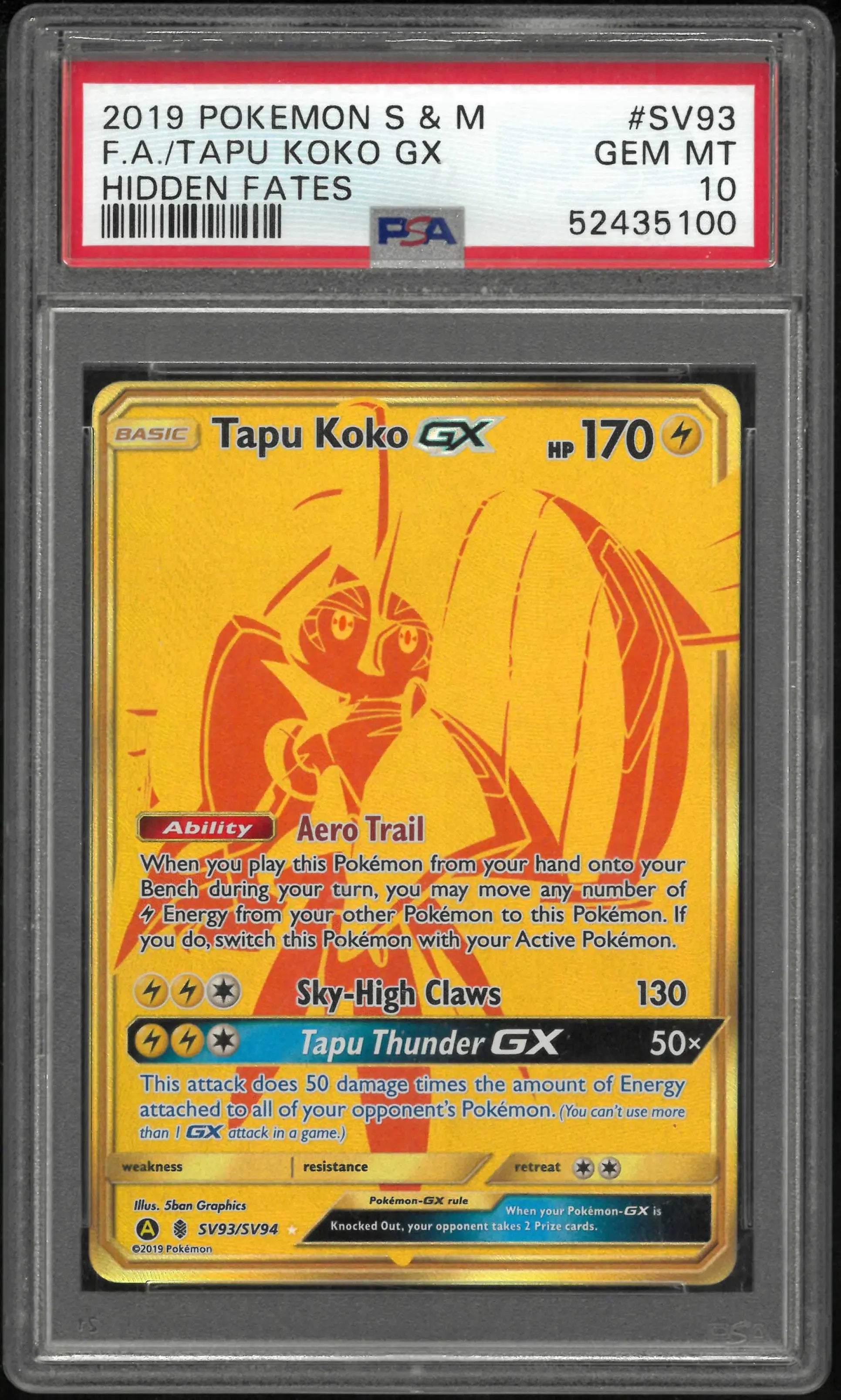 2019 Pokemon Sun & Moon Hidden Fates #SV93 Fa Tapu Koko Gx PSA 10 