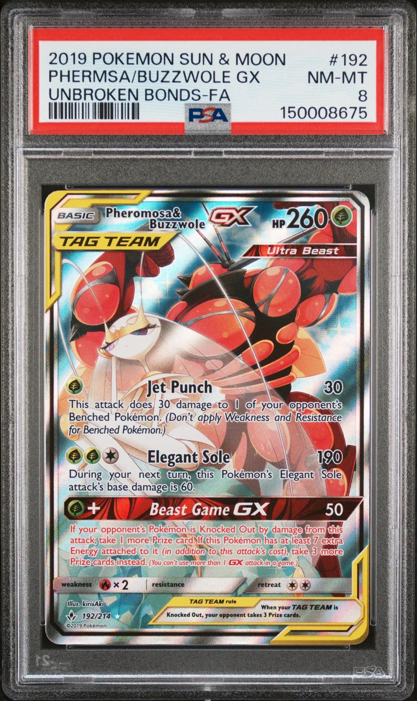 2019 Pokemon Sun & Moon Unbroken Bond Buzzwole GX Phermsa Tag Team 192/214 PSA 8 