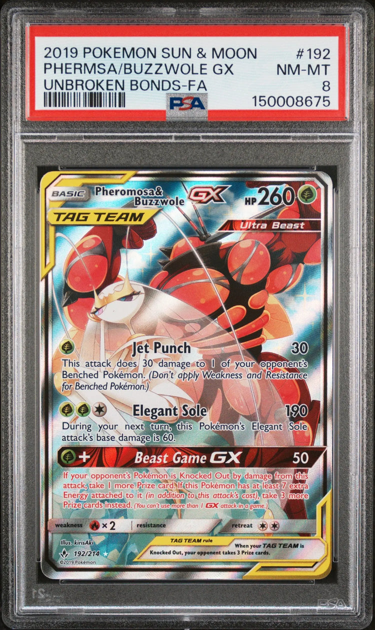 2019 Pokemon Sun & Moon Unbroken Bond Buzzwole GX Phermsa Tag Team 192/214 PSA 8 