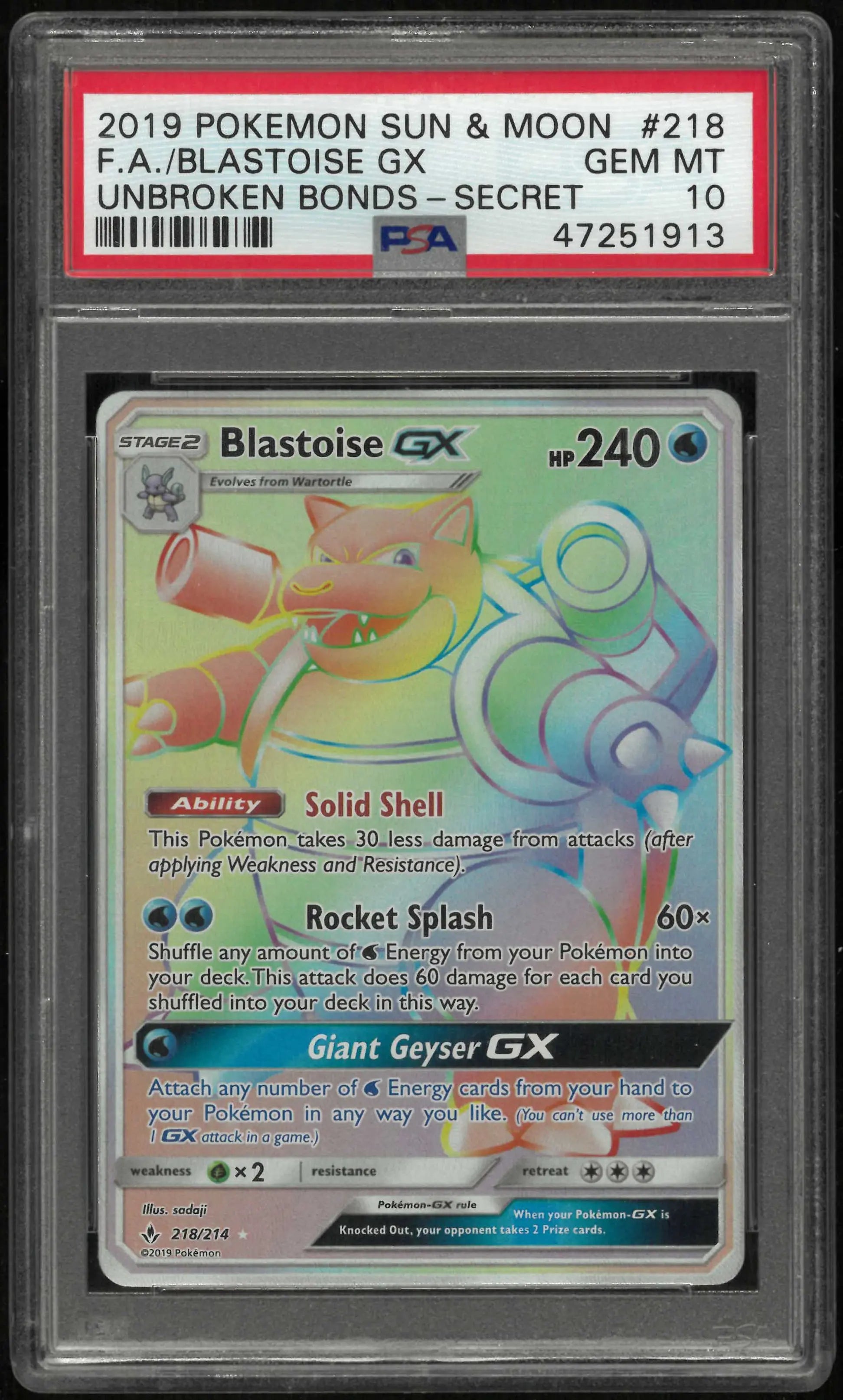 2019 Pokemon Sun & Moon Unbroken Bonds 218/214 Blastoise Gx Secret PSA 10 