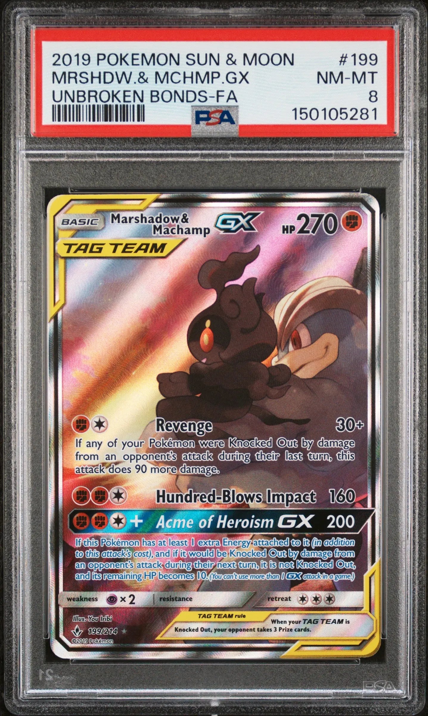 2019 Pokemon Sun & Moon Unbroken Bonds Mrshdw.&Mchmp. GX Tag Team 199/214 PSA 8 