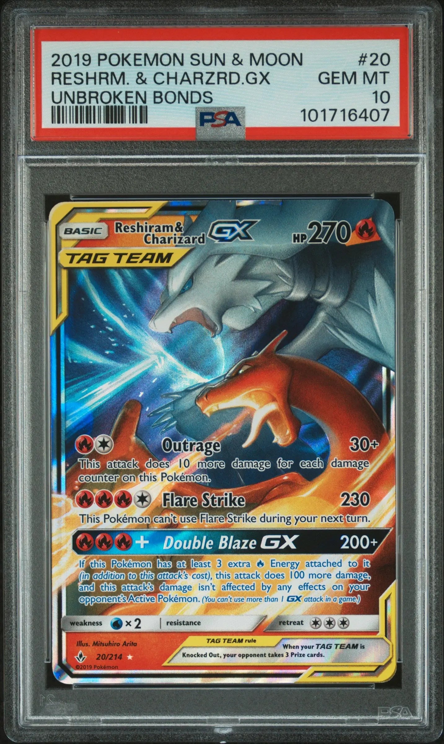 2019 Pokemon Sun & Moon Unbroken Bonds Reshiram & Charizard GX 20/214 PSA 10 