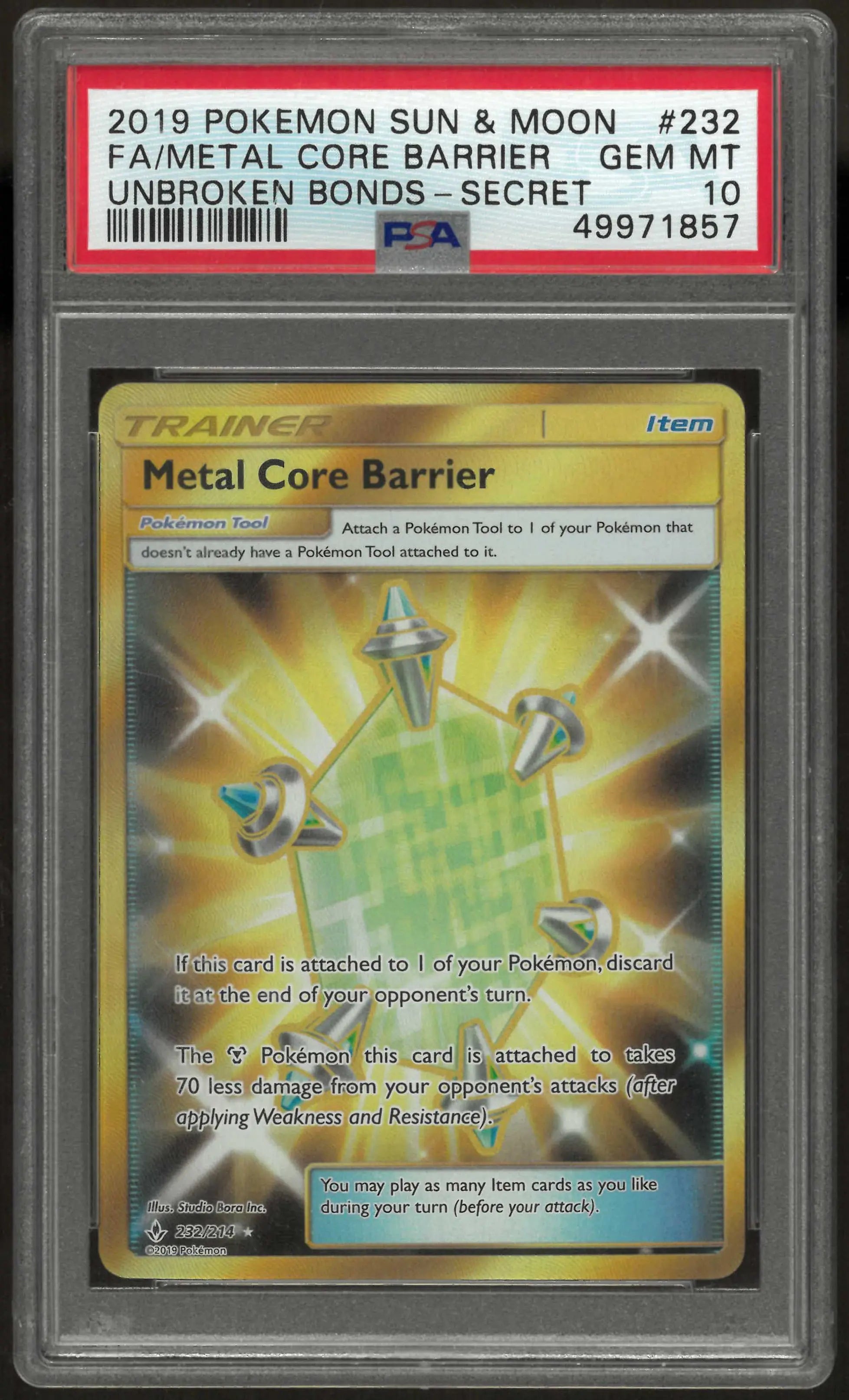 2019 Pokemon Sun & Moon Unbroken Bonds #232 Fa Metal Core Barrier Secret PSA 10 