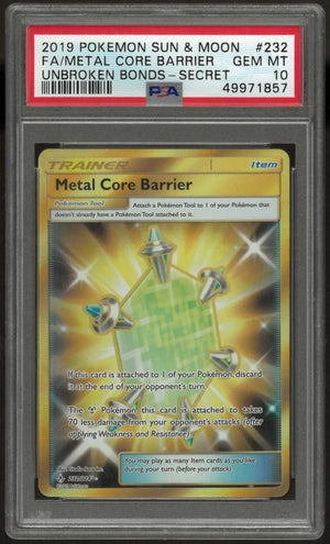 2019 Pokemon Sun & Moon Unbroken Bonds #232 Fa Metal Core Barrier Secret PSA 10 