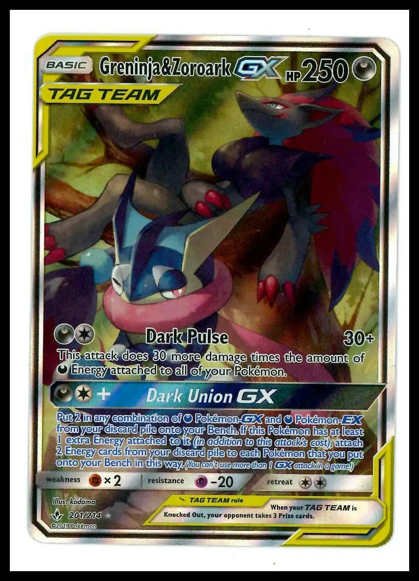 2019 Pokemon Unbroken Bonds Greninja & Zoroark GX Alt Art 201/214 
