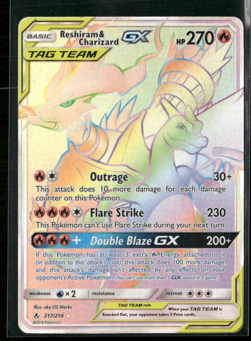 2019 Pokemon Unbroken Bonds Secret Rare Reshiram & Charizard GX 217/214 