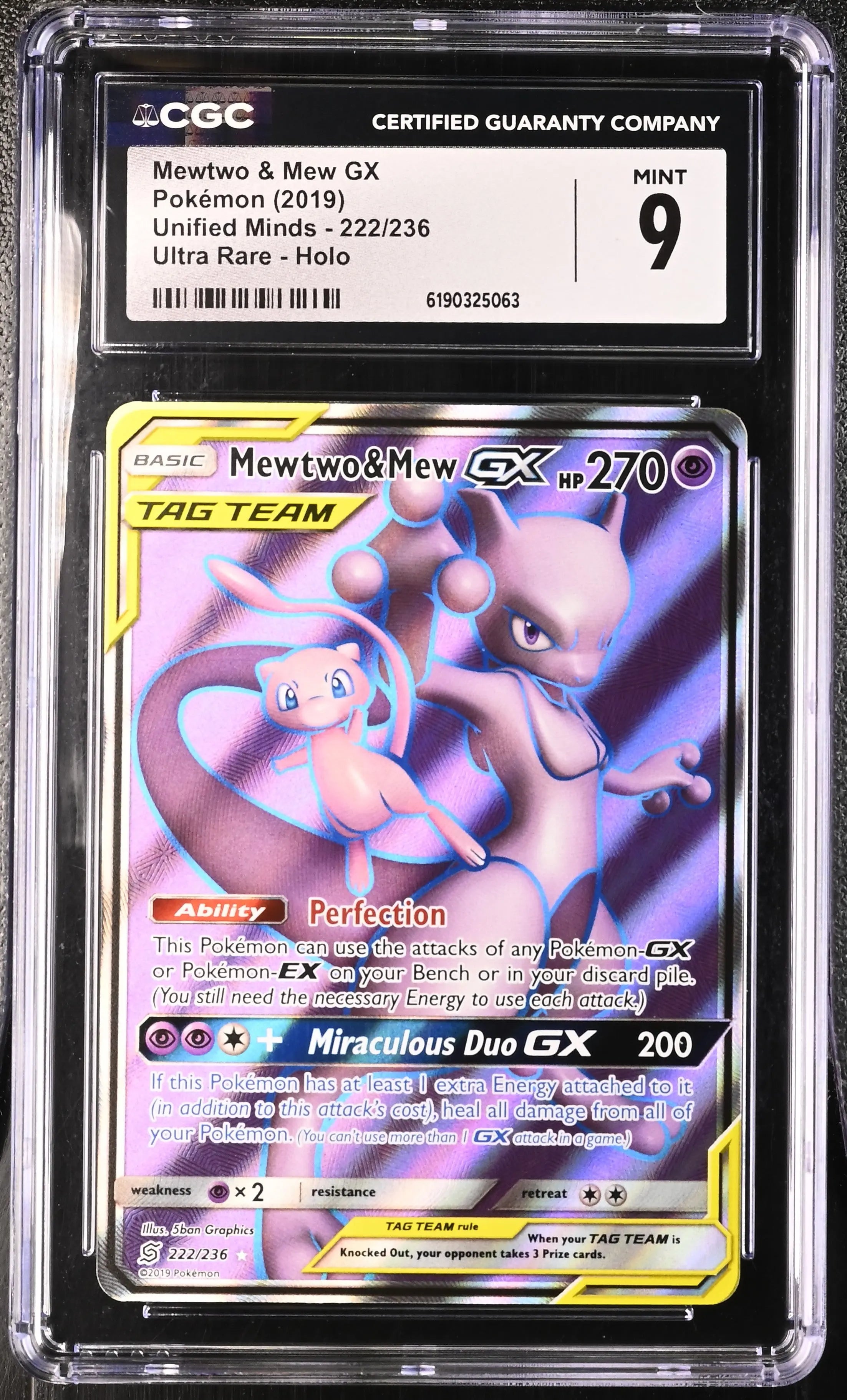 2019 Pokemon Unified Minds Mewtwo & Mew GX Tag Team 222/236 CGC 9 
