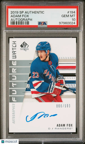 2019 SP Authentic Future Watch Adam Fox Autograph Auto /999 RC Rookie PSA 10 
