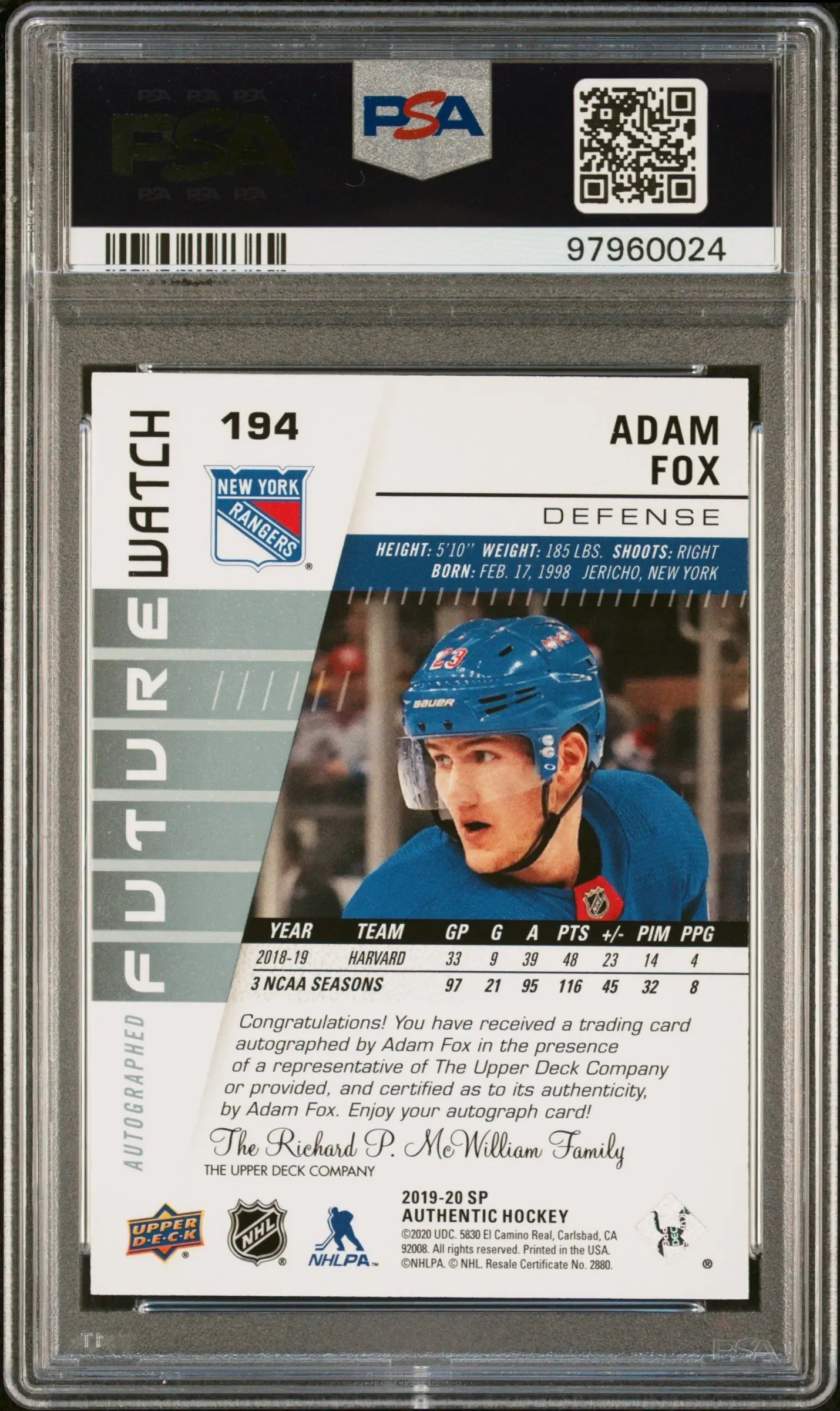2019 SP Authentic Future Watch Adam Fox Autograph Auto /999 RC Rookie PSA 10 
