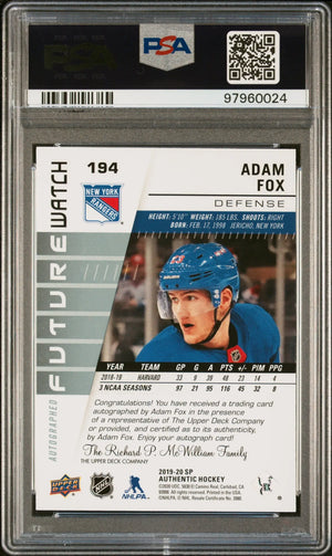 2019 SP Authentic Future Watch Adam Fox Autograph Auto /999 RC Rookie PSA 10 