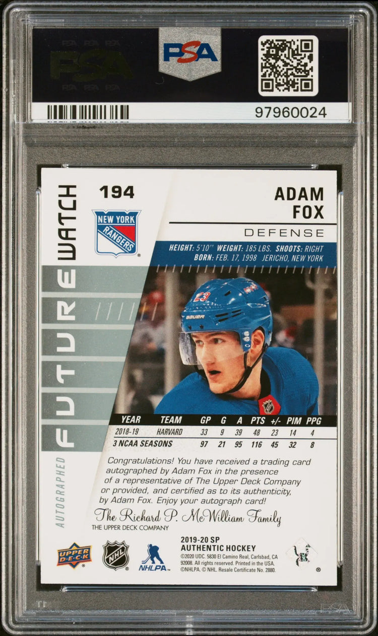 2019 SP Authentic Future Watch Adam Fox Autograph Auto /999 RC Rookie PSA 10 