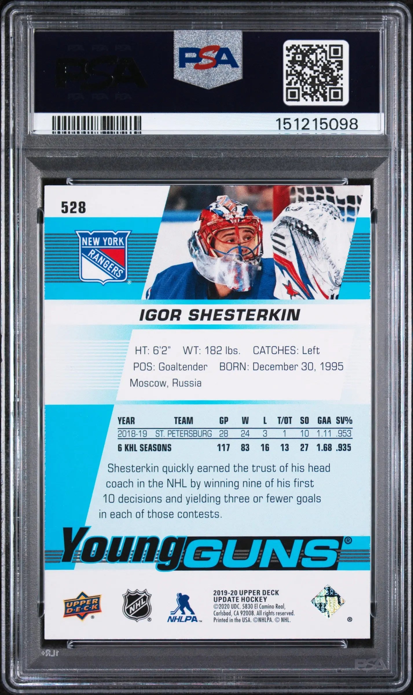 2019 SP Authentic Upper Deck Update Young Guns Rookie Igor Shesterkin RC PSA 8 