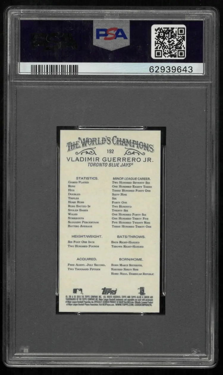 2019 Topps Allen & Ginter Rookie Vladimir Guerrero Jr. RC Mini-Gold PSA 10 