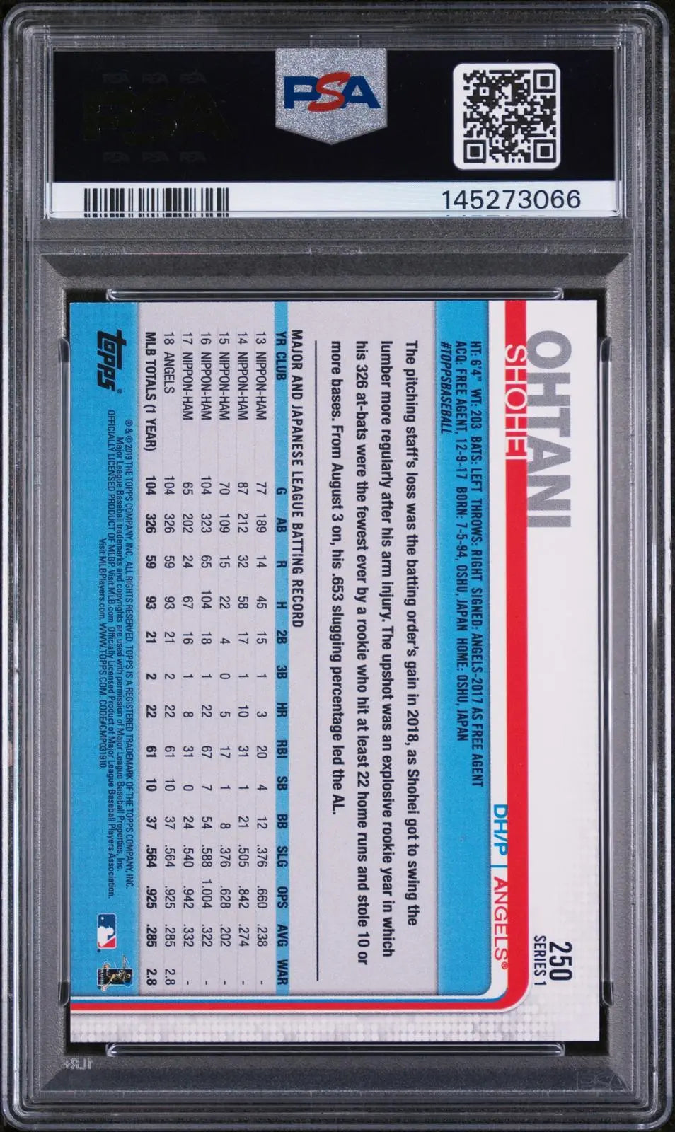 2019 Topps Baseball Shohei Ohtani PSA 9 
