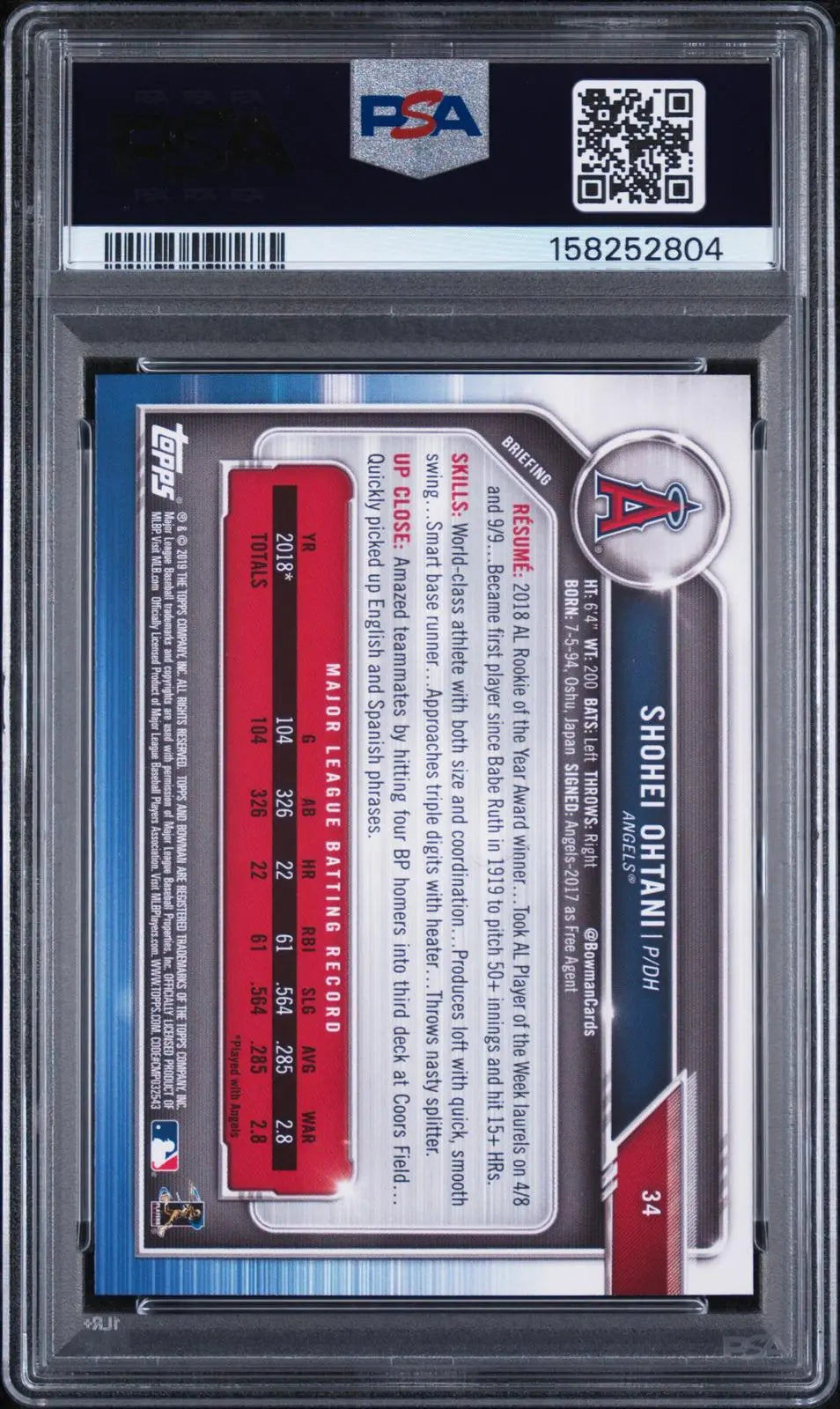 2019 Topps Bowman Shohei Ohtani PSA 10 