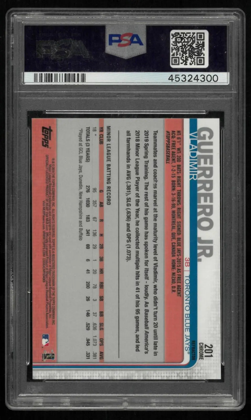 2019 Topps Chrome Baseball Rookie Vladimir Guerrero Jr. RC X-Fractor PSA 10 