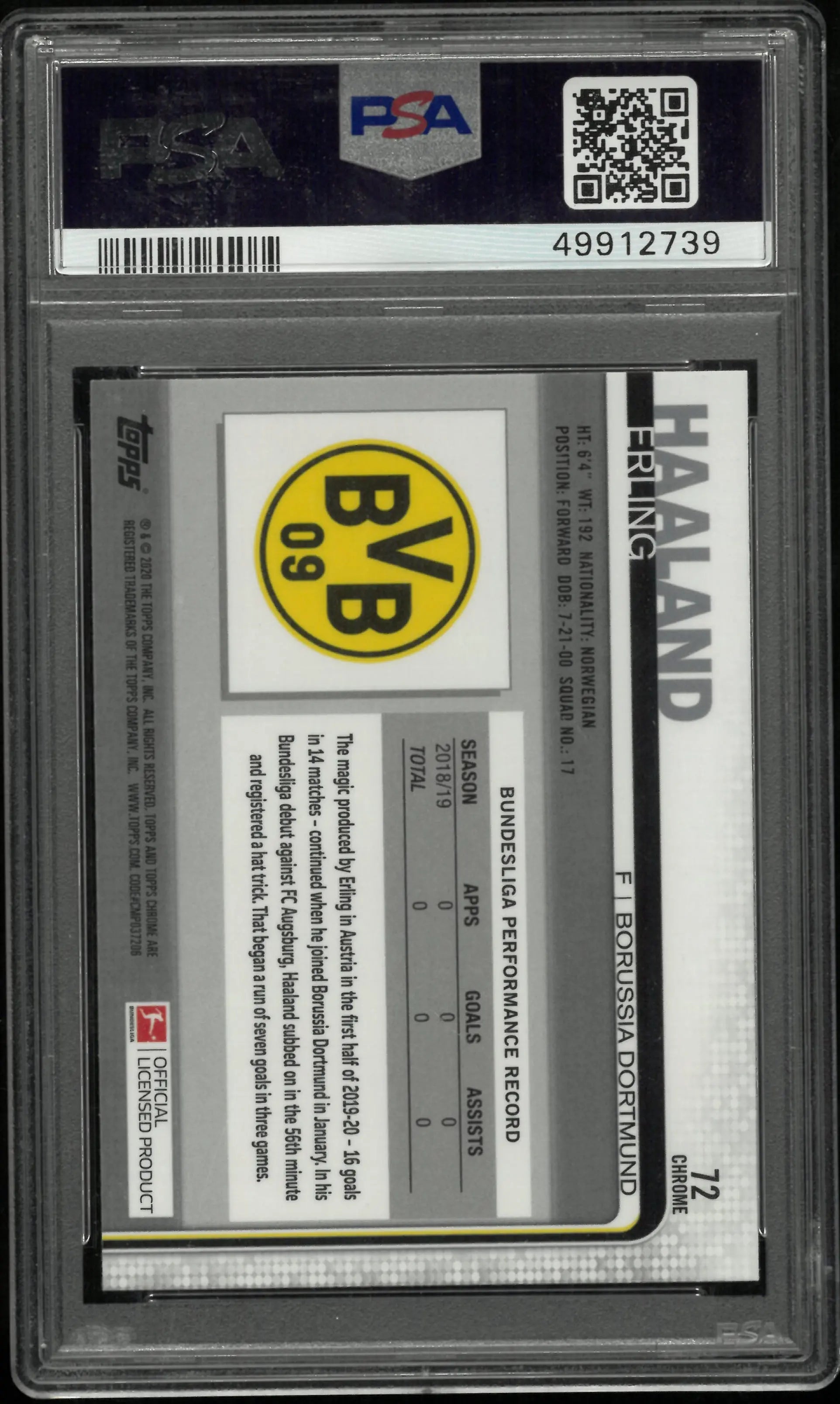 2019 Topps Chrome Bundesliga Erling Haaland #72 PSA 10 