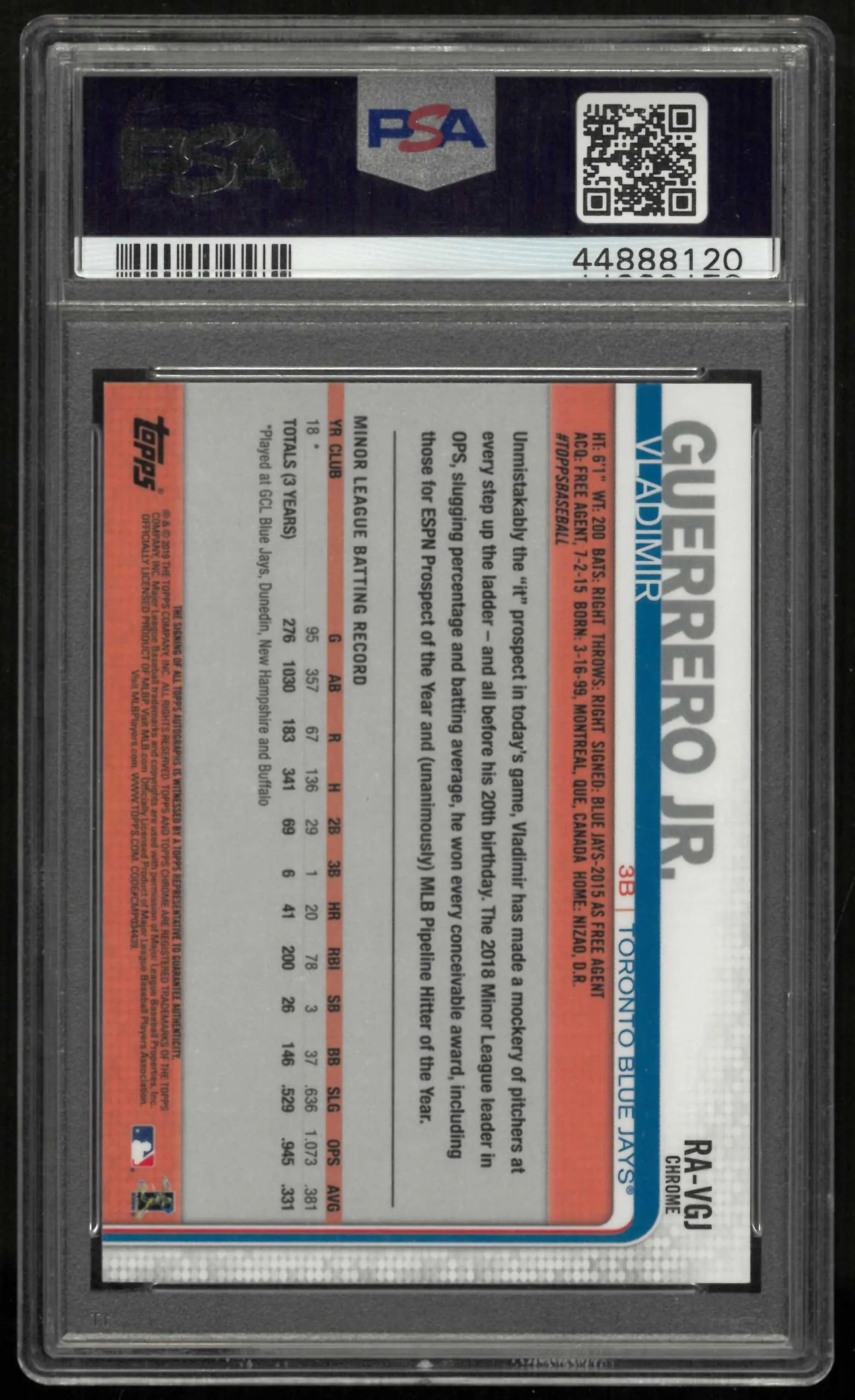 2019 Topps Chrome Rookie Autographs Vladimir Guerrero Jr. Auto RC PSA 10 