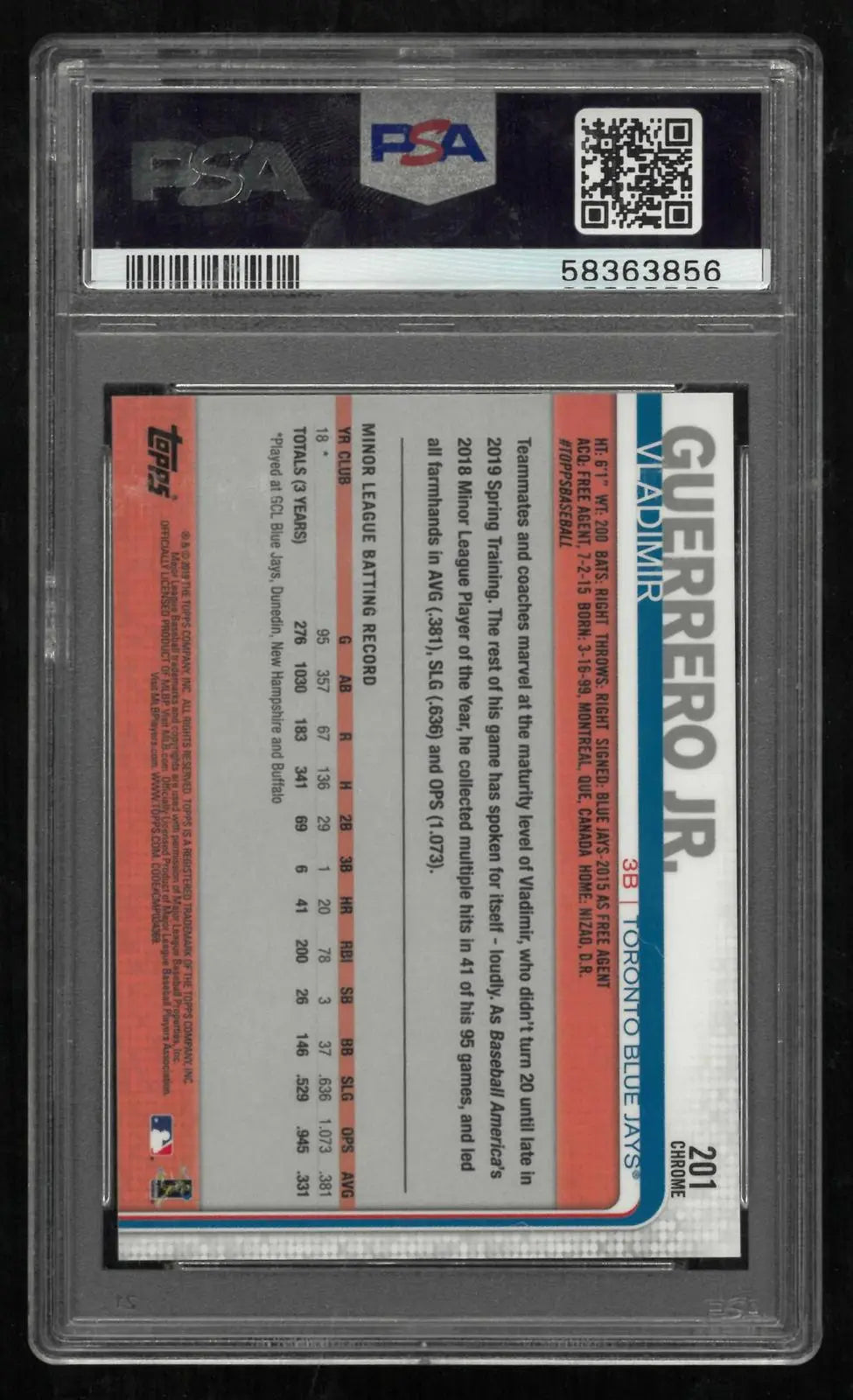 2019 Topps Chrome Rookie Vladimir Guerrero Jr. RC Negative Refractor PSA 10 