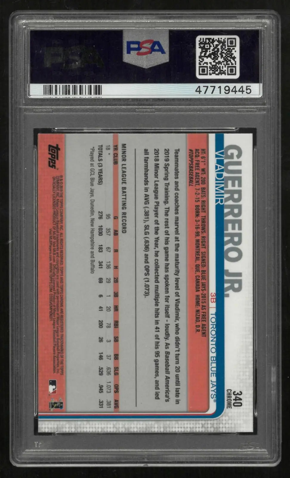 2019 Topps Chrome Sapphire Edition Rookie Vladimir Guerrero Jr. RC PSA 10 
