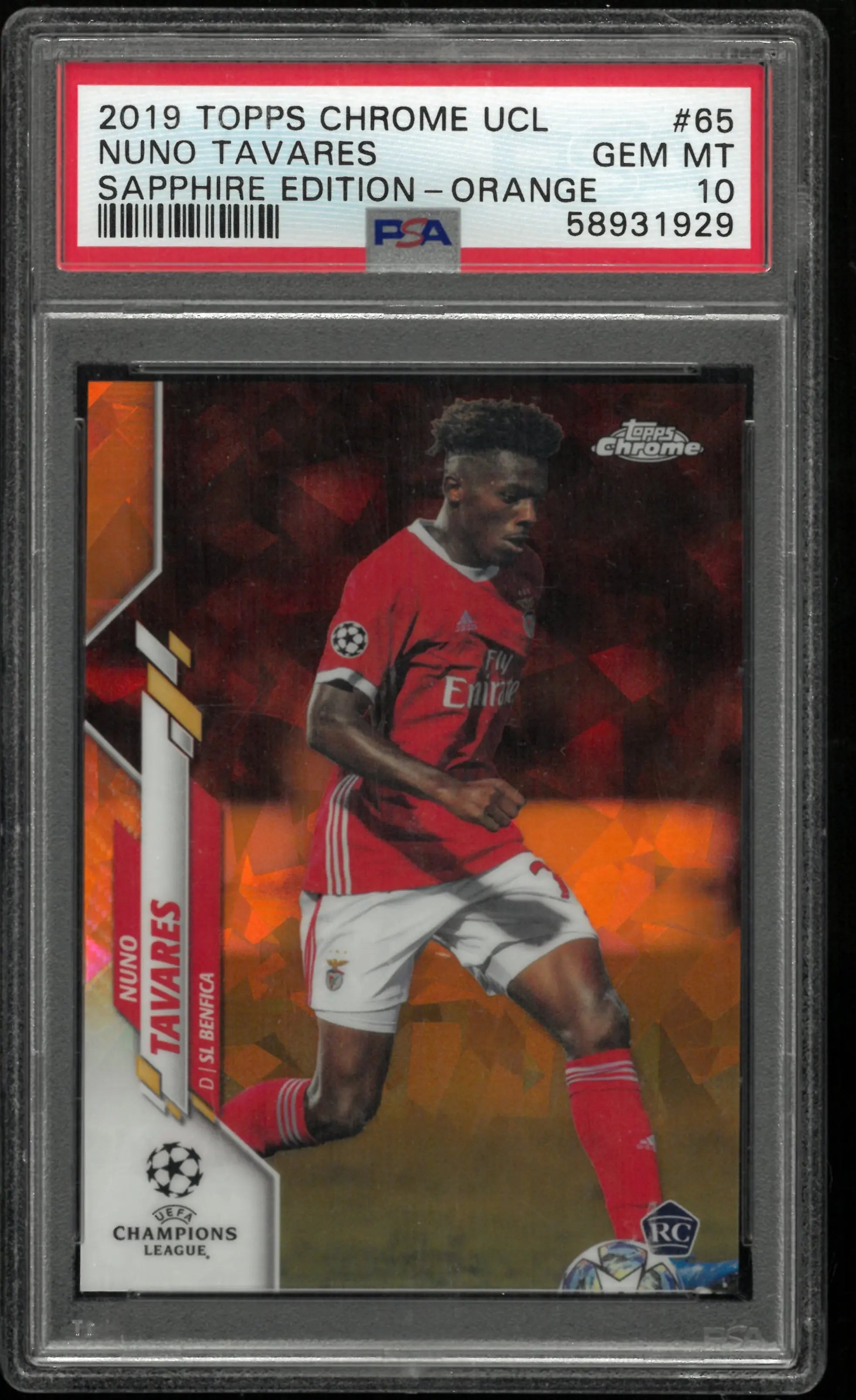 2019 Topps Chrome UEFA CL Sapphire Edition Nuno Tavares RC Orange PSA 10 /50 