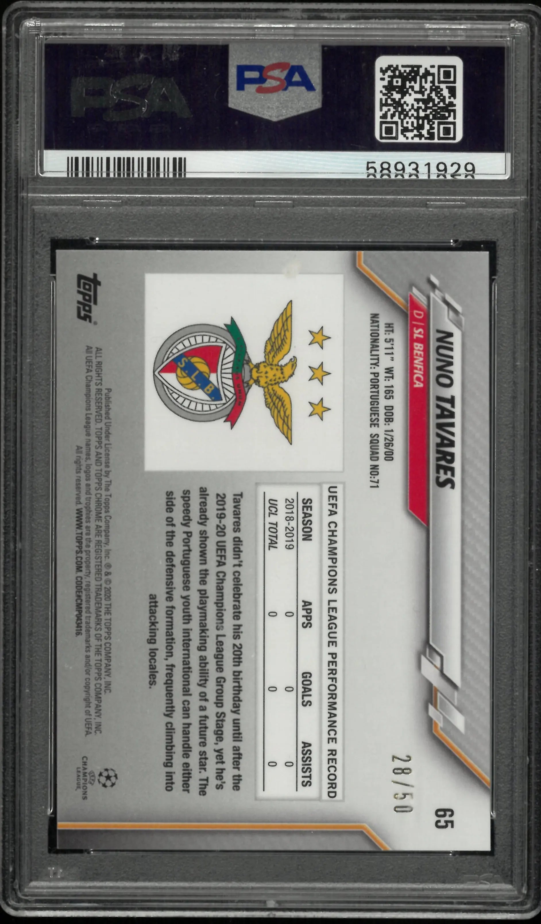 2019 Topps Chrome UEFA CL Sapphire Edition Nuno Tavares RC Orange PSA 10 /50 