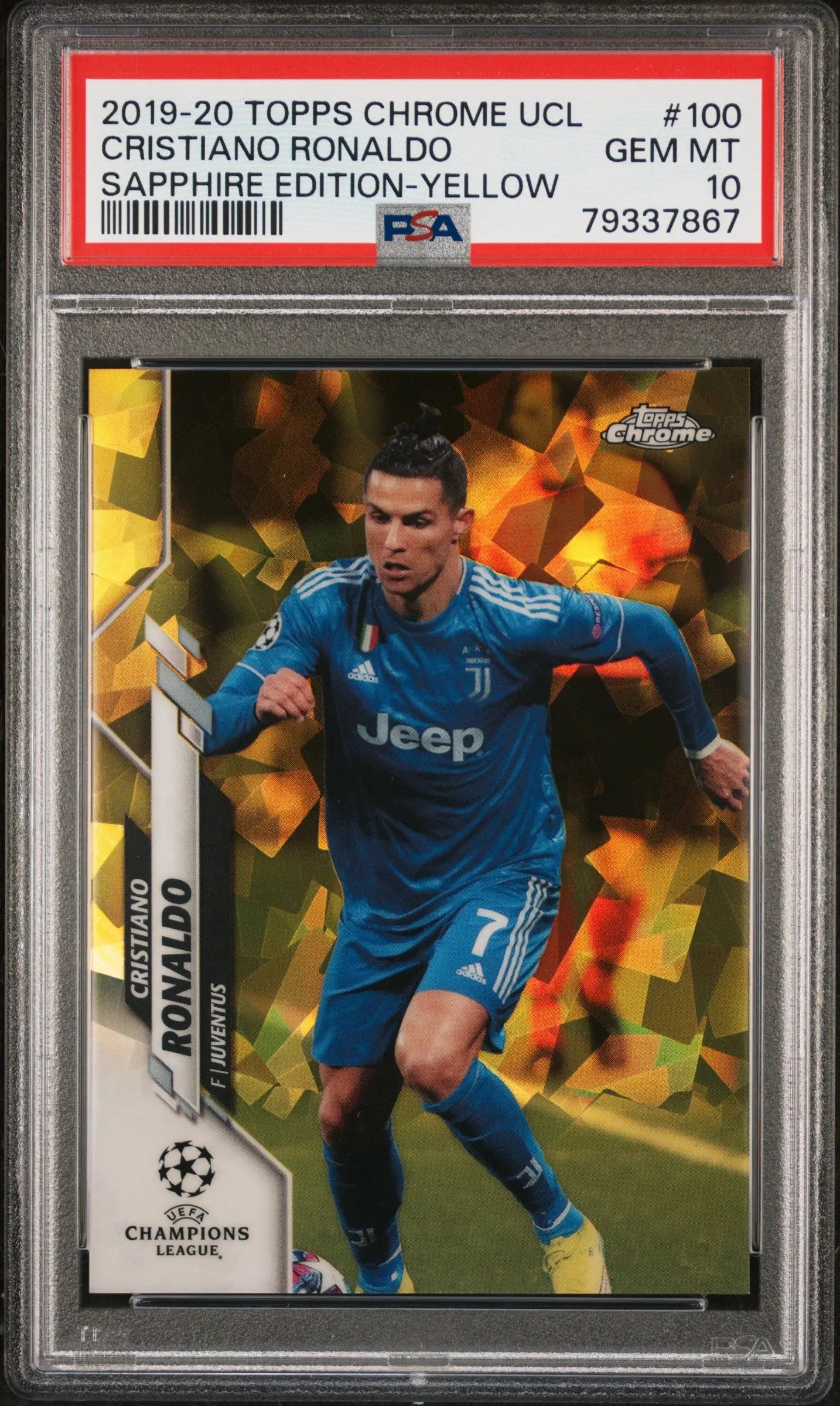 2019 Topps Chrome UEFA Champions League Sapphire Cristiano Ronaldo Yellow /99 PSA 10 