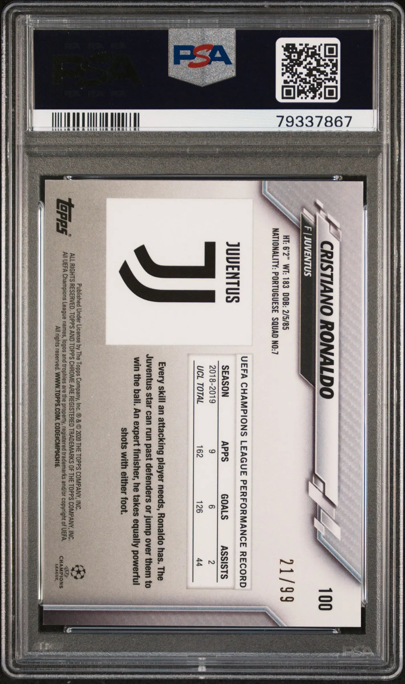 2019 Topps Chrome UEFA Champions League Sapphire Cristiano Ronaldo Yellow /99 PSA 10 
