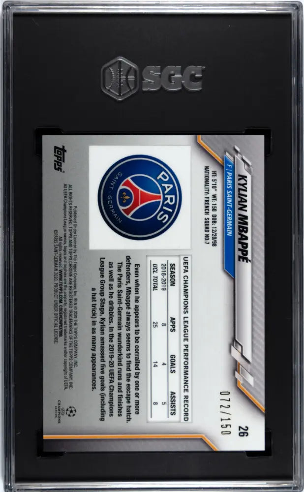 2019 Topps Chrome Uefa Kylian Mbappe #26 Blue Refractor 150 SGC 9.5 