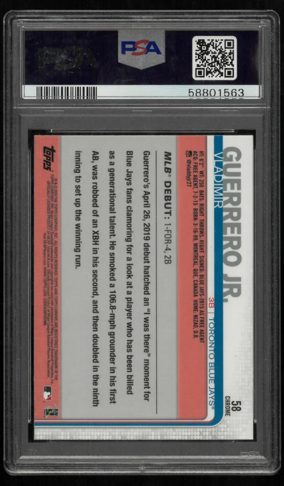 2019 Topps Chrome Update Baseball Rookie Vladimir Guerrero Jr. RC PSA 10 