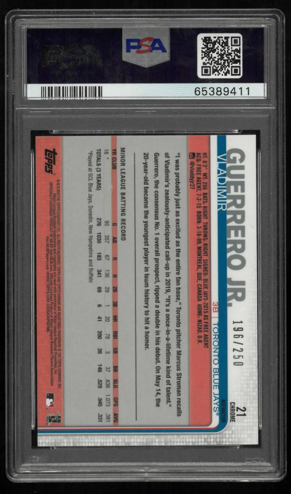 2019 Topps Chrome Update Rookie Vladimir Guerrero Jr. RC Refractor /250 PSA 10 