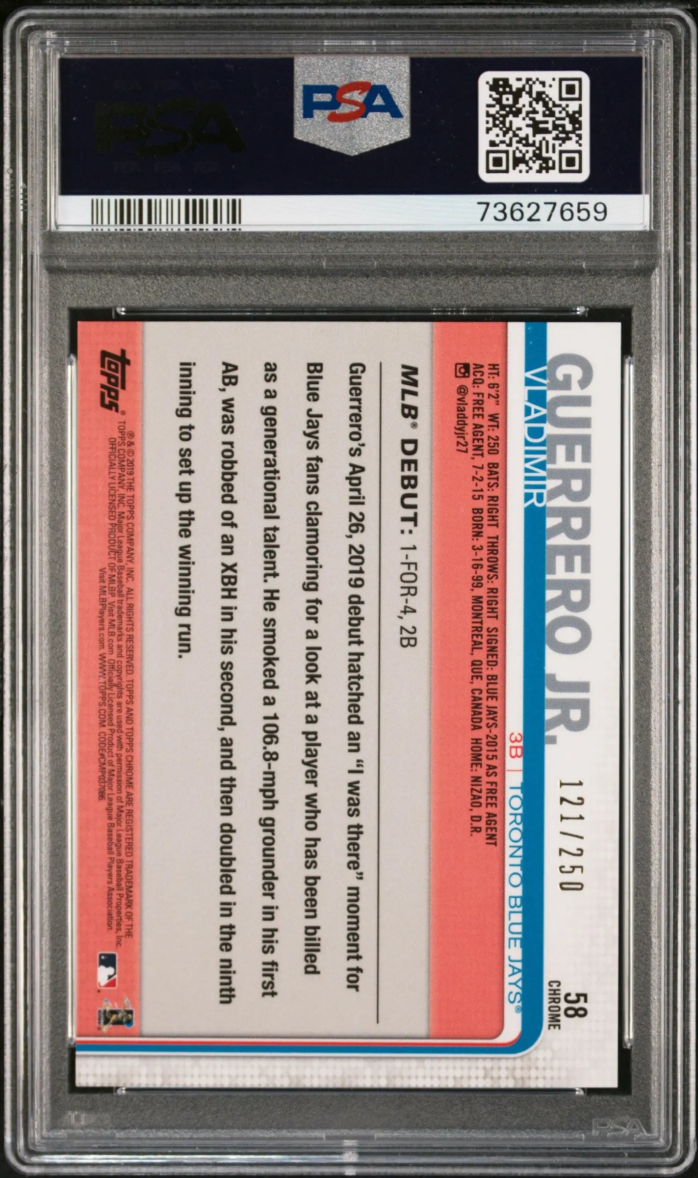 2019 Topps Chrome Update Vladimir Guerrero JR. RC Rookie Refractor PSA 10 /250 