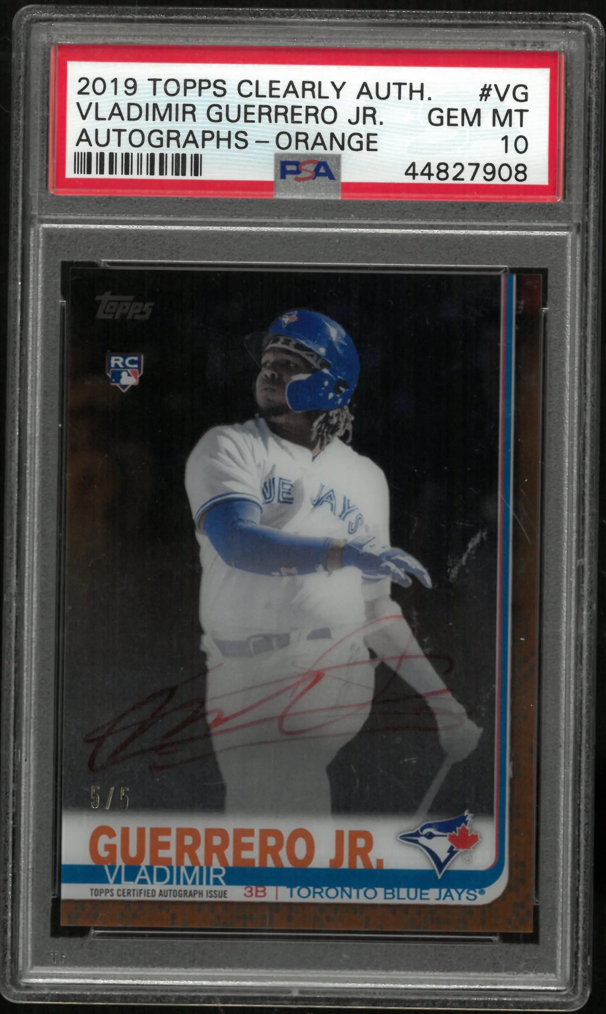 2019 Topps Clearly Authentic Auto Vladimir Guerrero JR. RC Orange PSA 10 5/5 