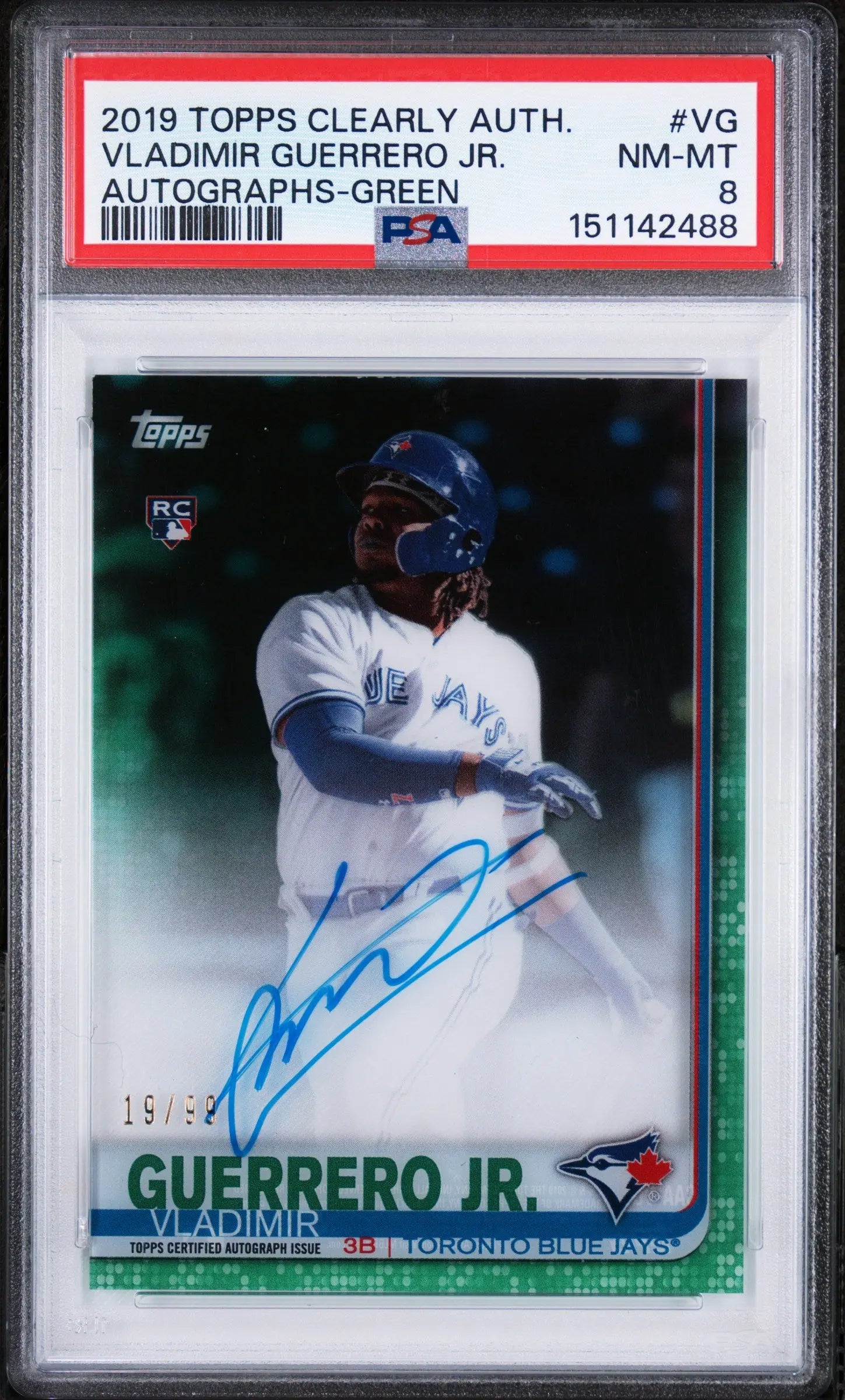 2019 Topps Clearly Authentic Green Autos Vladimir Guerrero JR. #VG /99 PSA 8 
