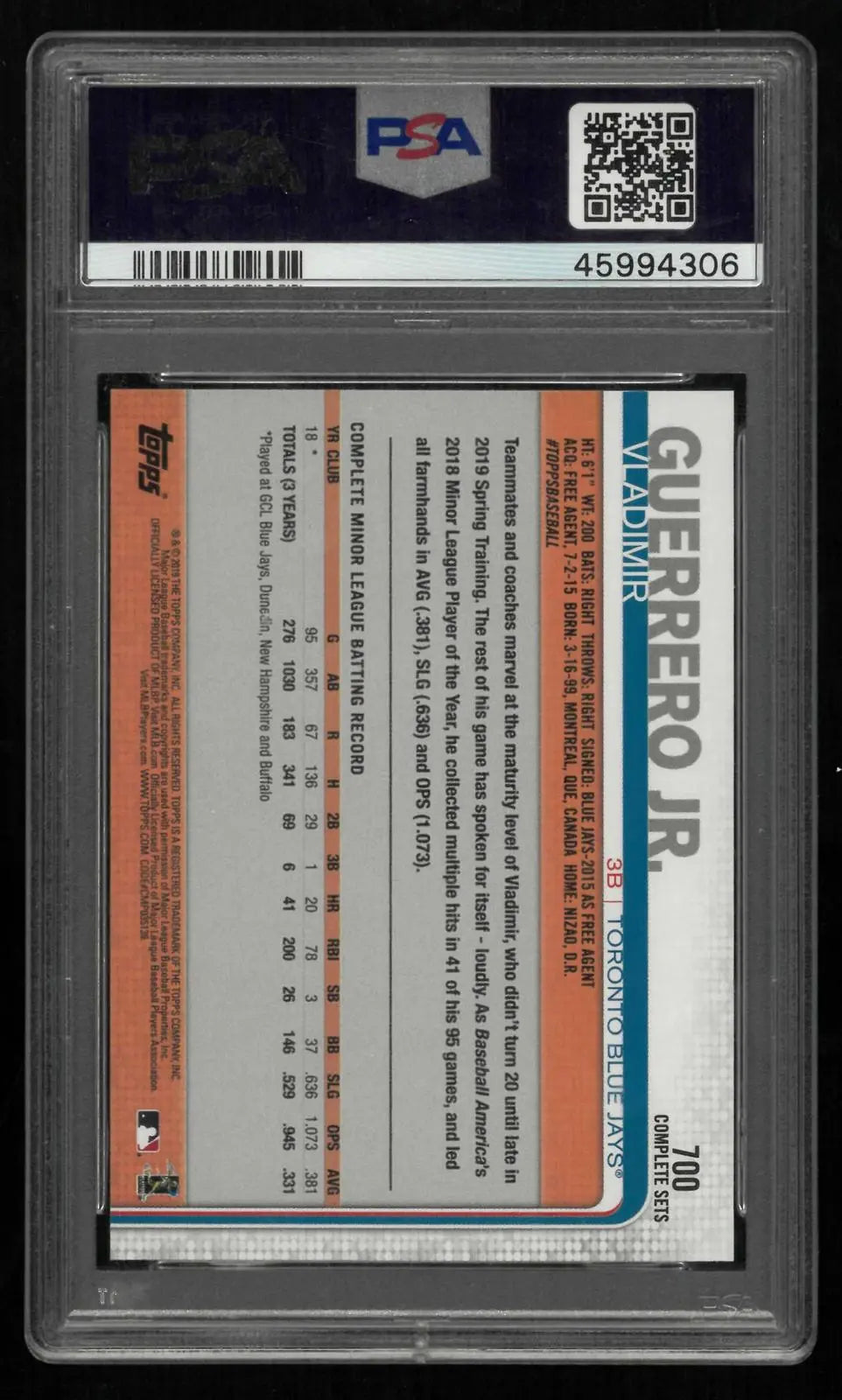 2019 Topps Complete Set Baseball Rookie Vladimir Guerrero Jr. RC Fielding PSA 10 