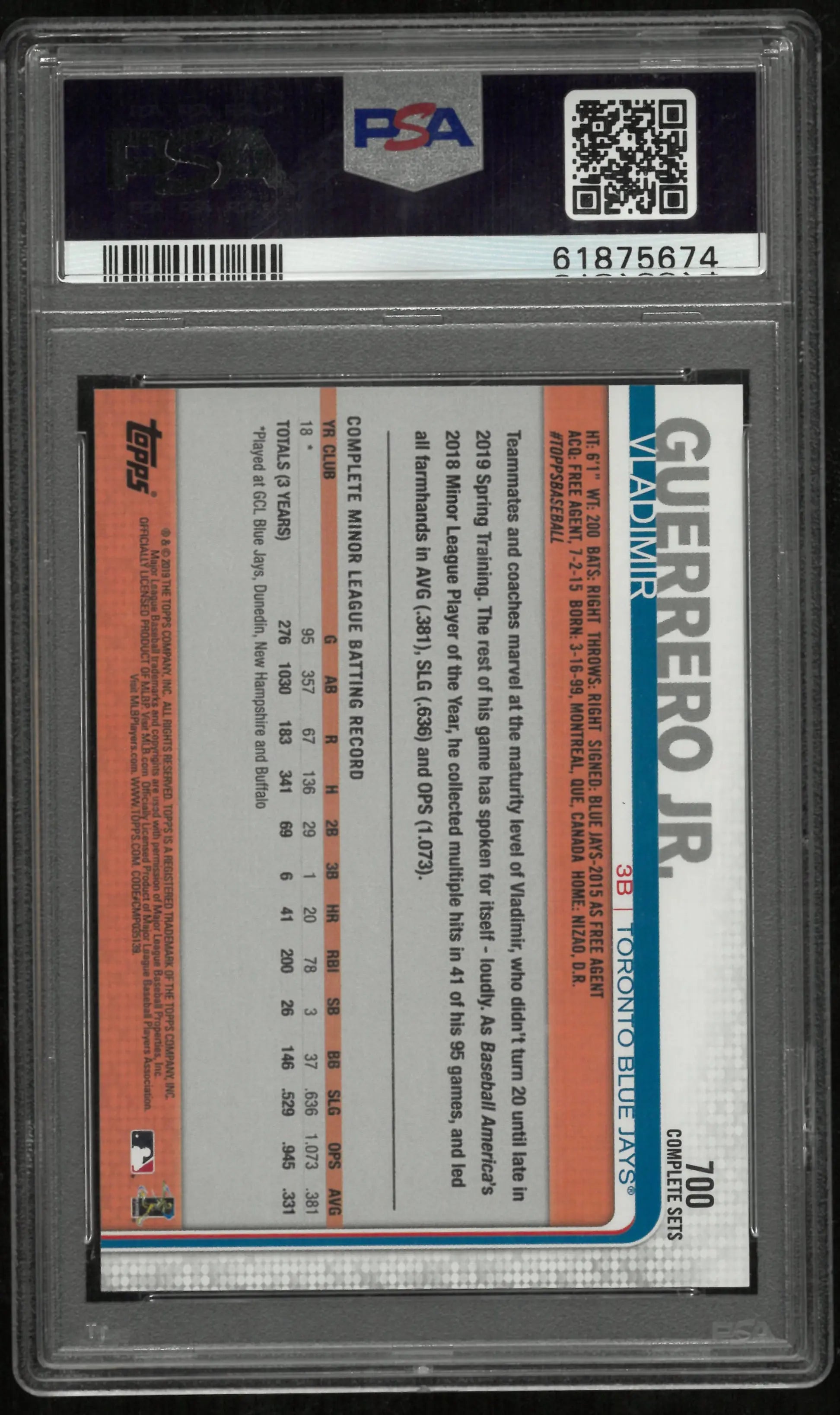 2019 Topps Complete Set Fielding Rookie Vladimir Guerrero JR. #700 PSA 10 
