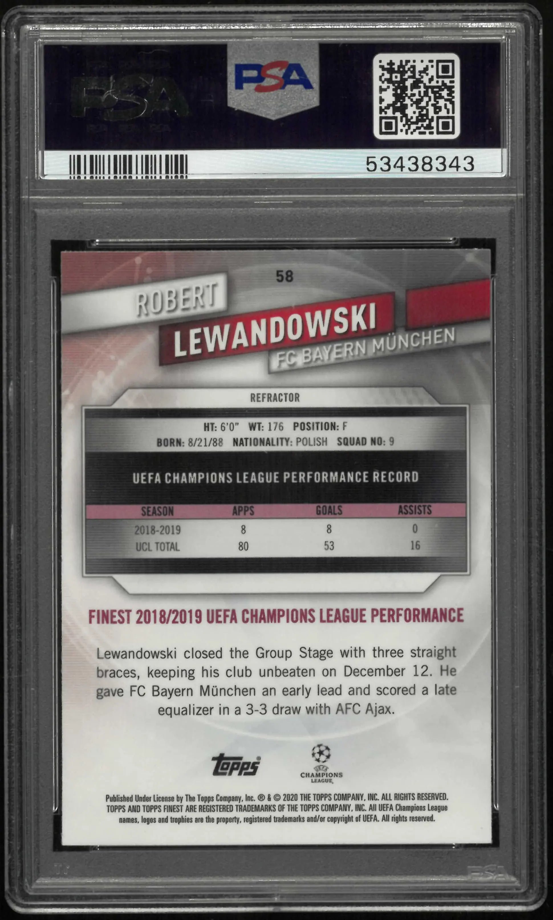 2019 Topps Finest UCL Robert Lewandowski Refractor PSA 10 
