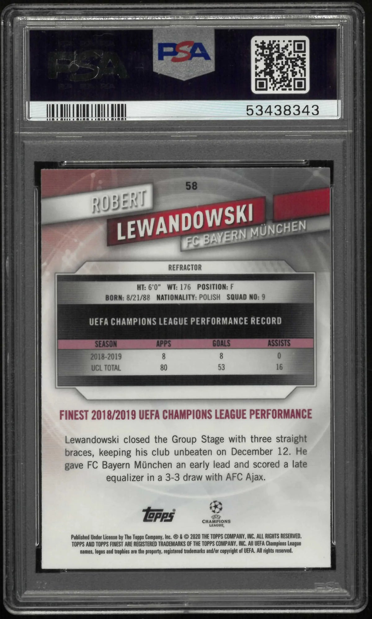 2019 Topps Finest UCL Robert Lewandowski Refractor PSA 10 