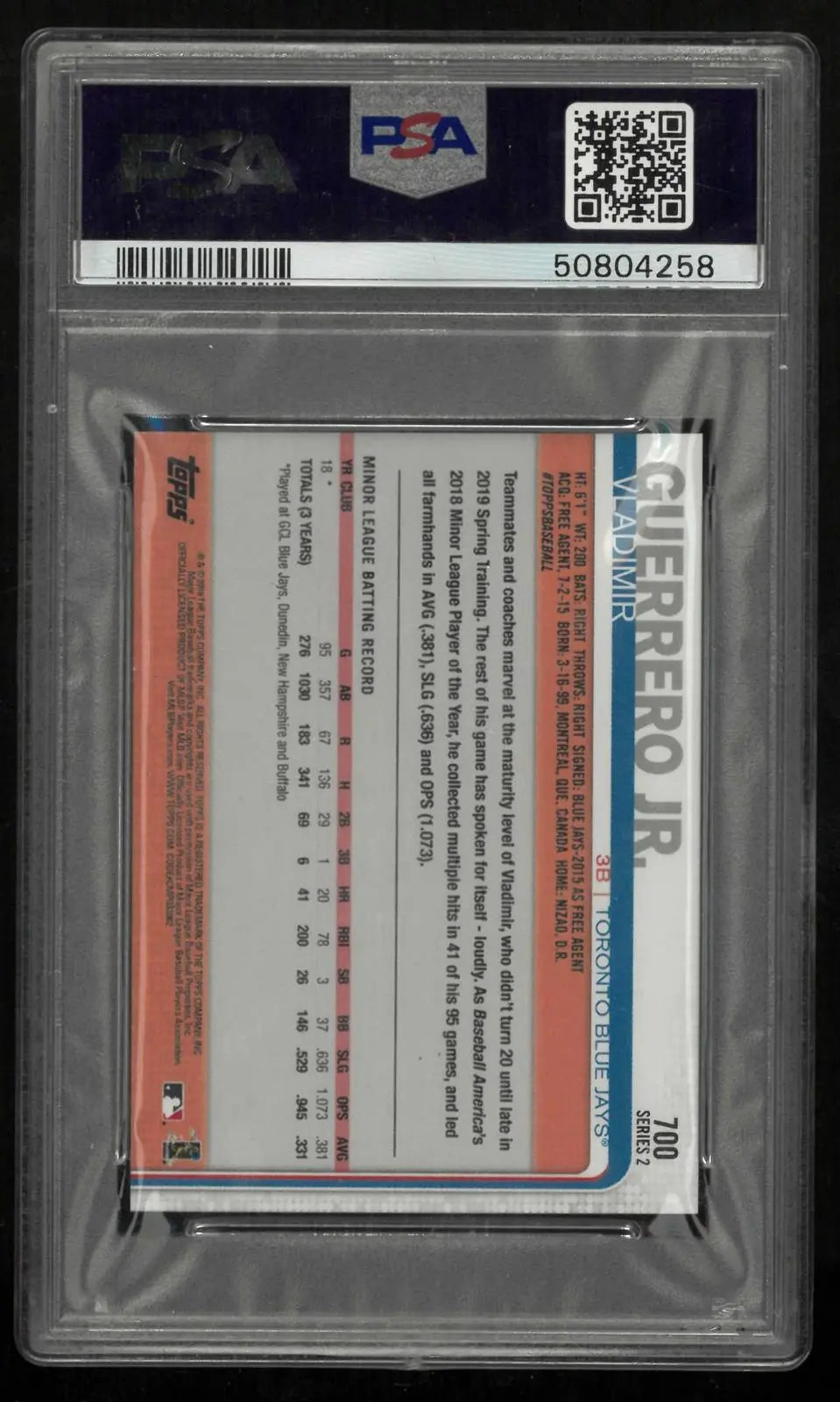 2019 Topps Mini Series 2 Baseball Rookie Vladimir Guerrero Jr. RC PSA 10 